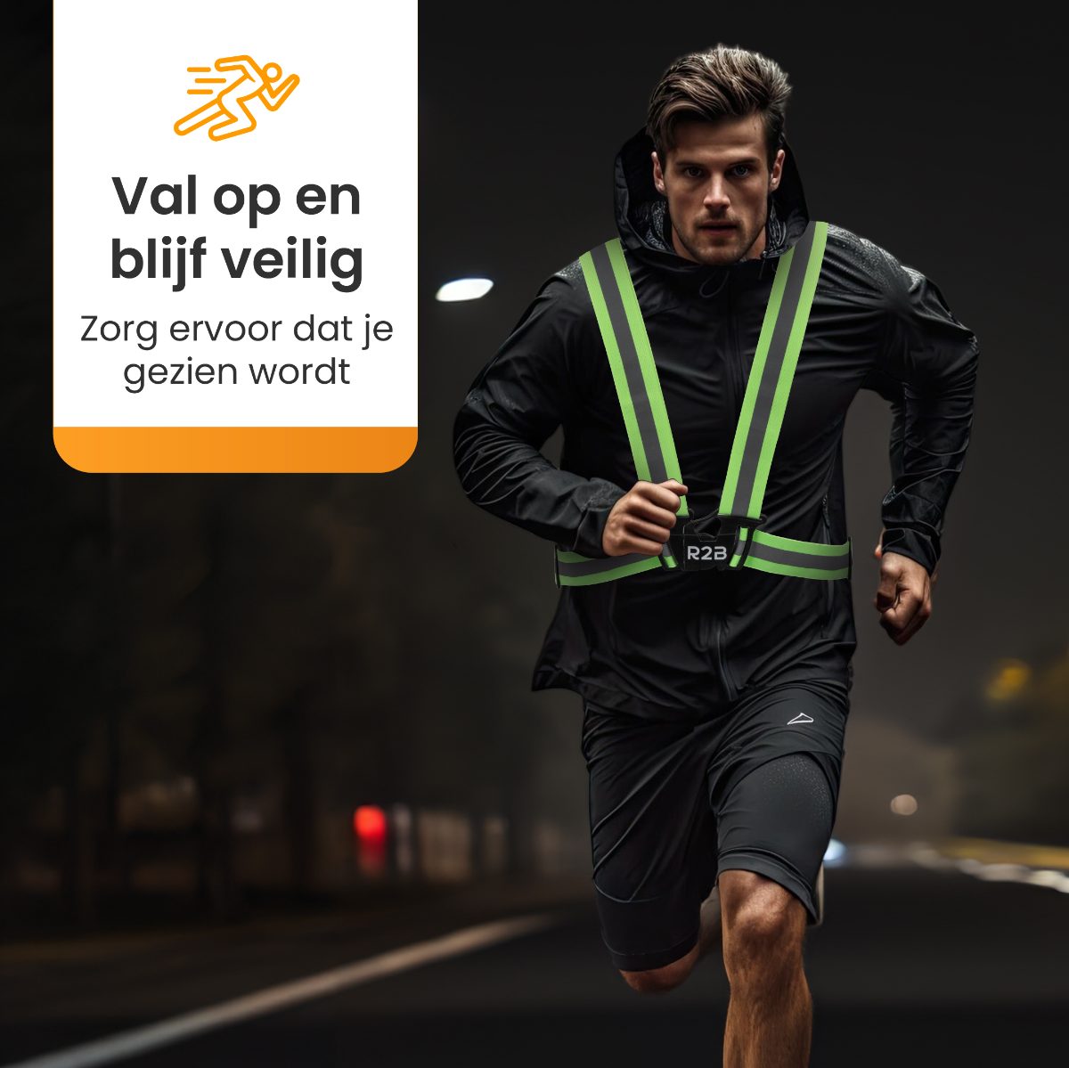Man running at night, wearing a reflective vest. Text says 'Be safe, be seen'.