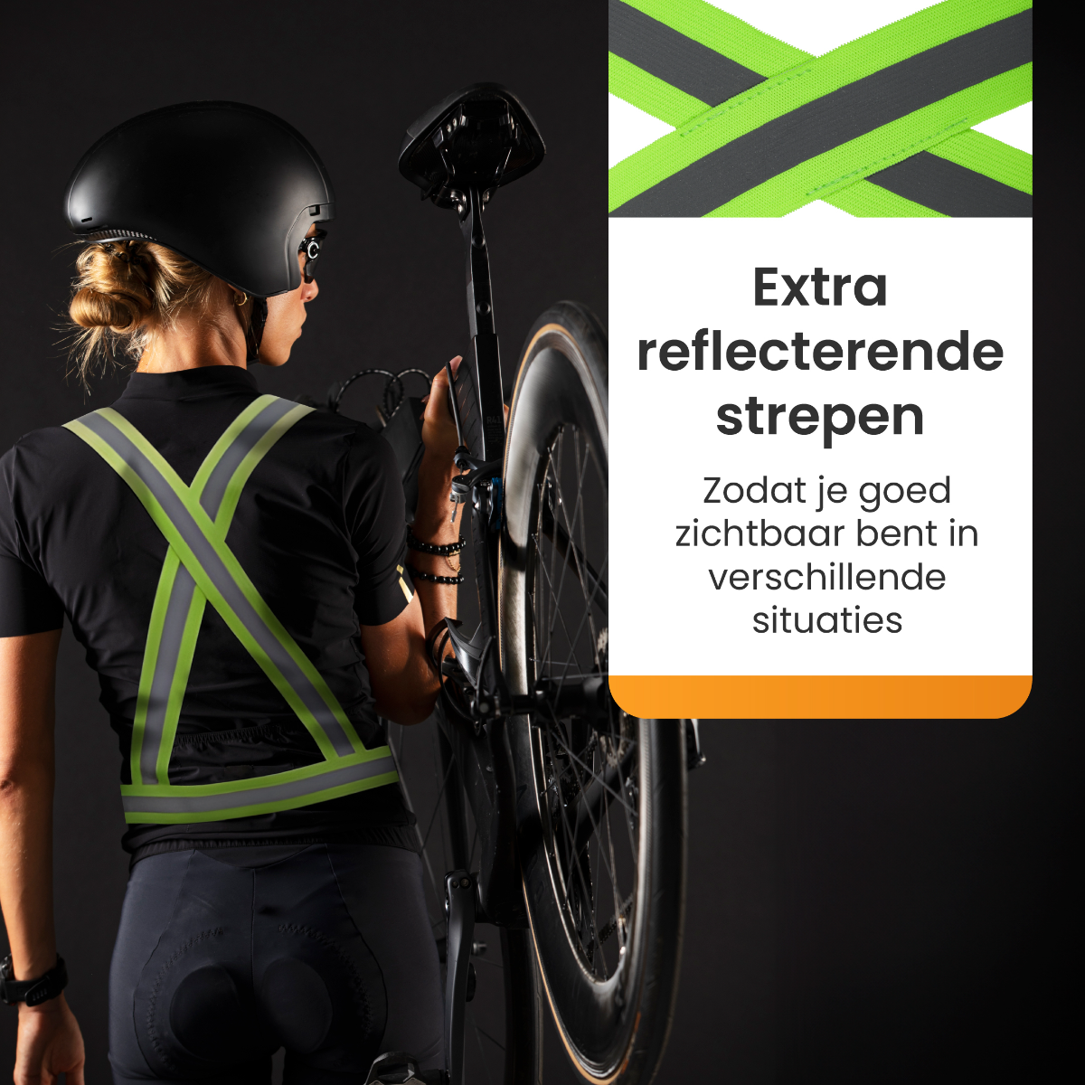 A woman with a bicycle wearing a reflective vest. Black background. Text is visible.