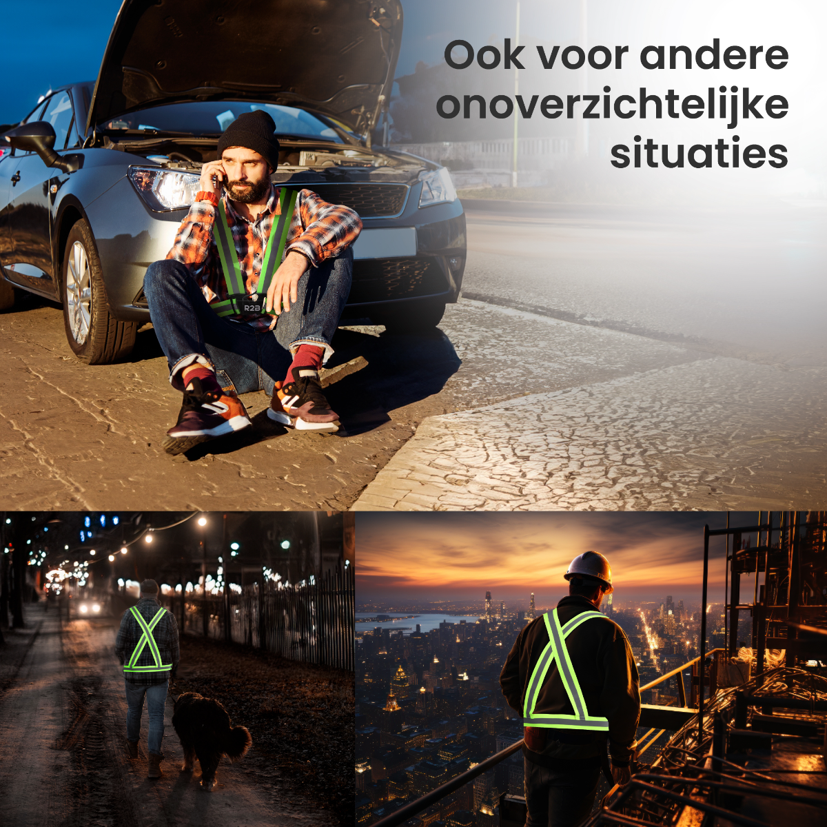 Man with a reflective vest near a car with hood open, and three images showing vest use in various environments.