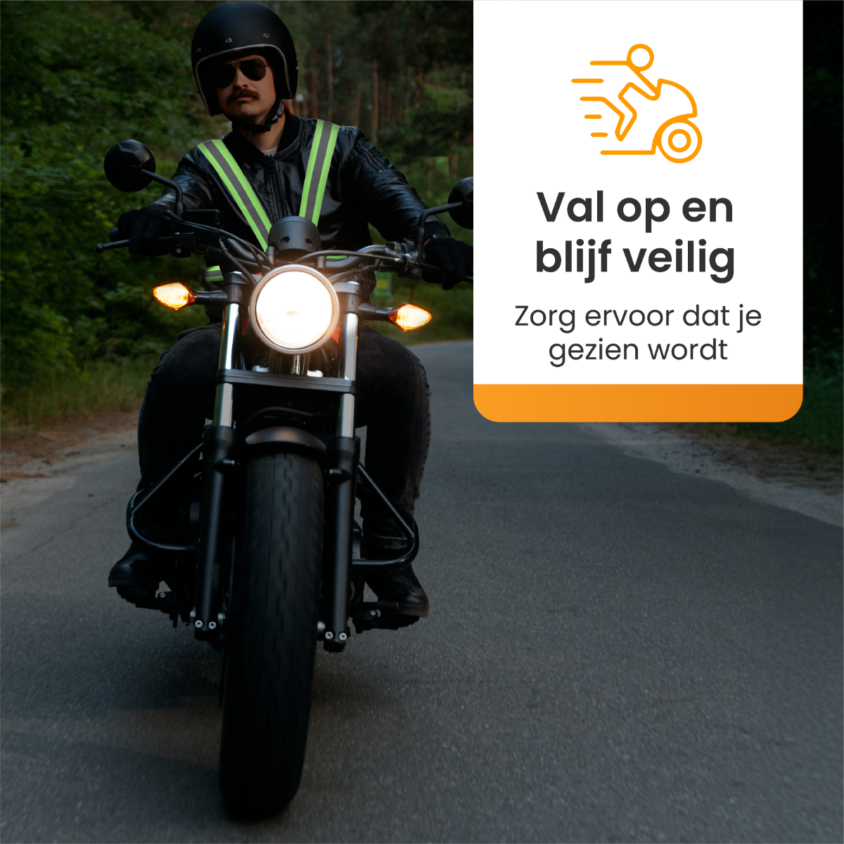 Motorcyclist in black jacket and helmet on a road. Safety vest on.  Text: 'Be seen'.