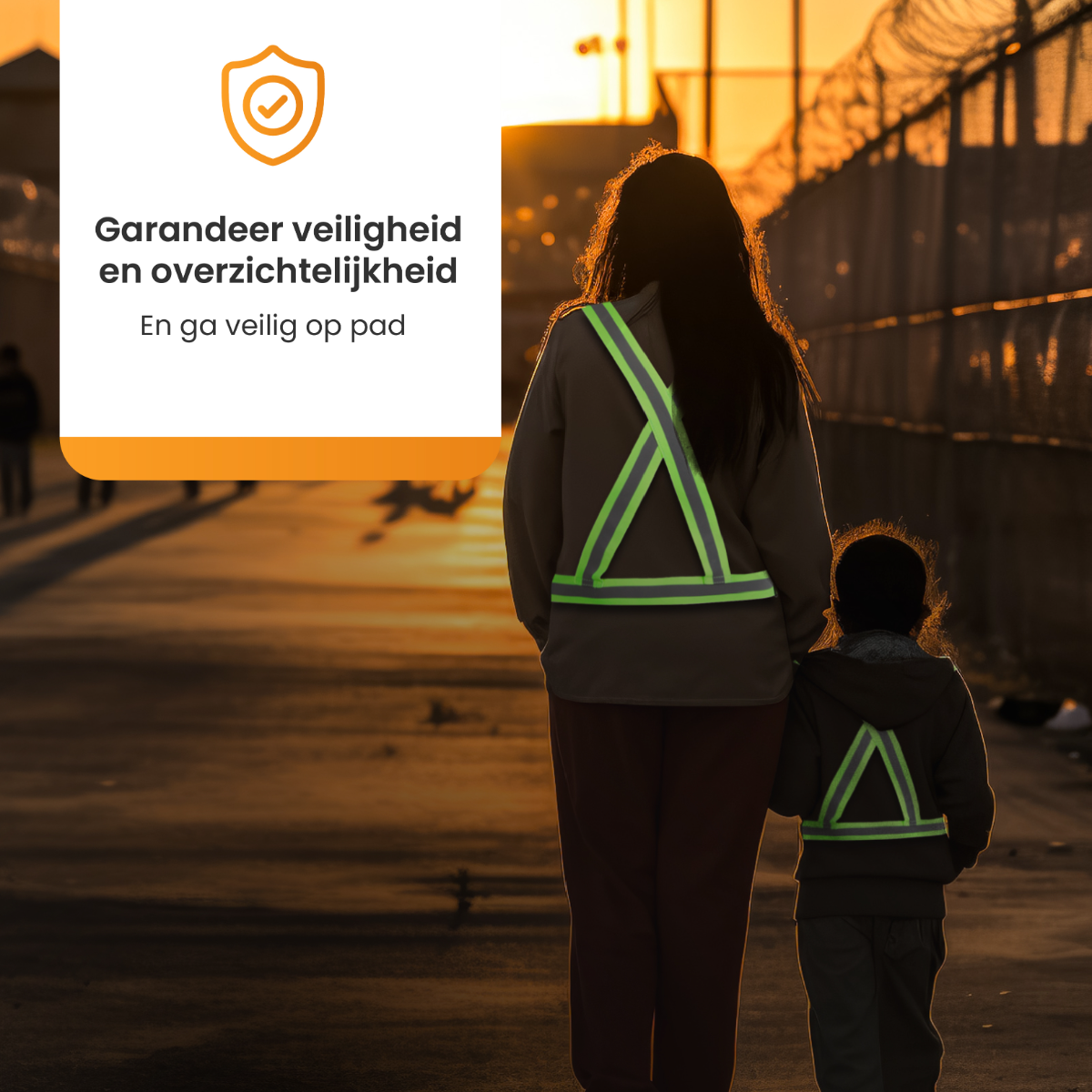 A mother and child walking on a path, wearing safety vests. A sunset is in the background.