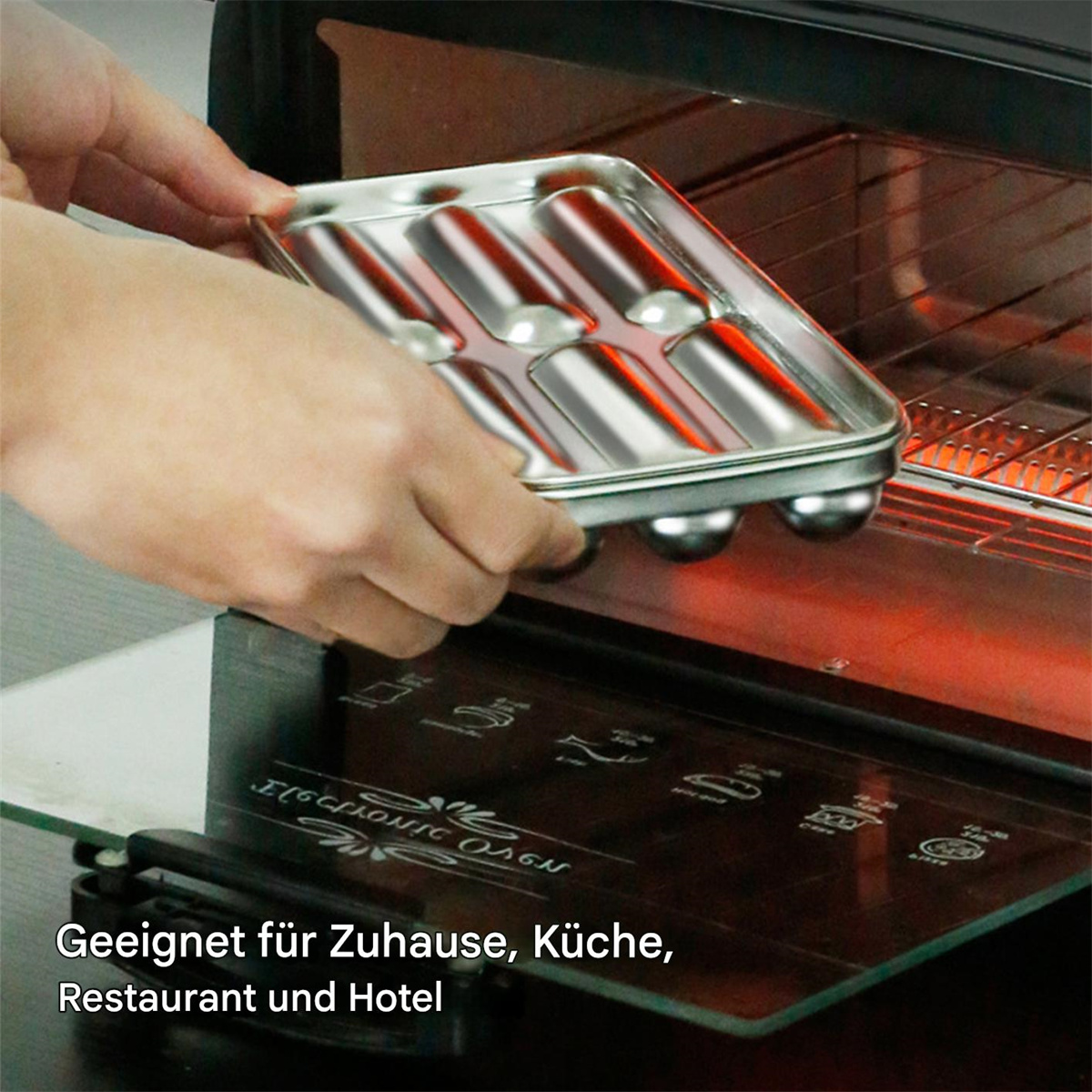 Metalltablett mit Hotdogs, Ofeninnenraum, Text: Geeignet für Zuhause, Küche, Restaurant und Hotel.