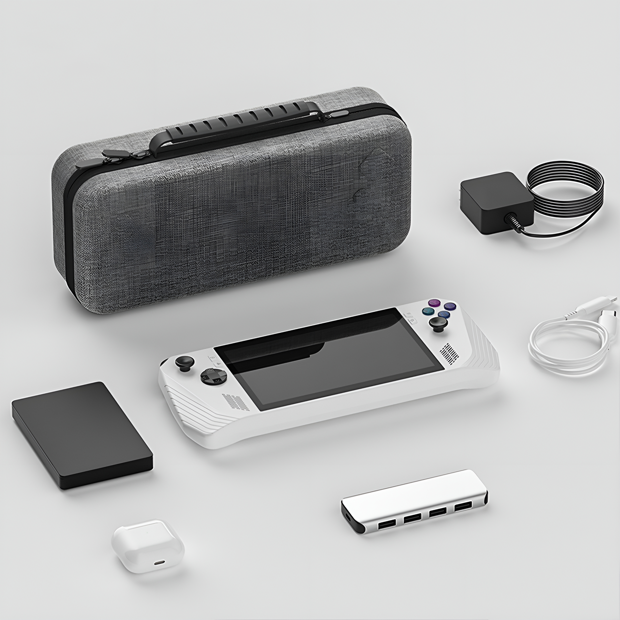 Ein weißes und graues Handheld-Spielgerät mit Zubehör, darunter ein graues Etui, Ladegerät und weiße Ohrhörer.
