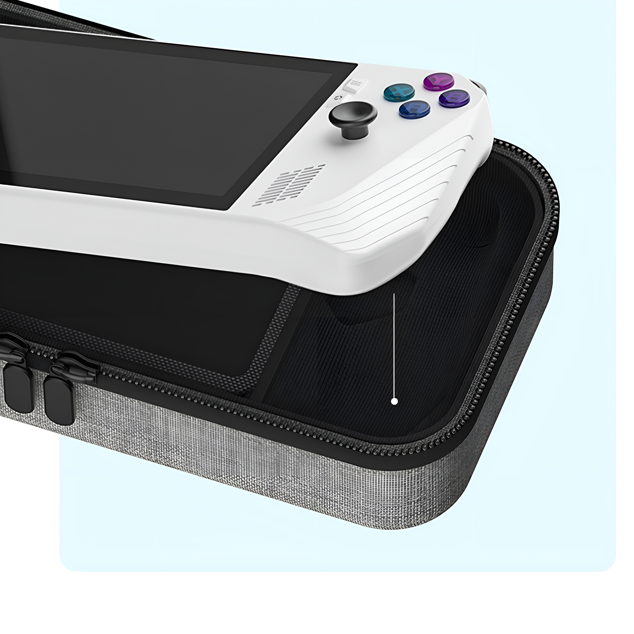 Handheld-Spielkonsole in einem Case. Konsole weiß mit Knöpfen und schwarzem Bildschirm.