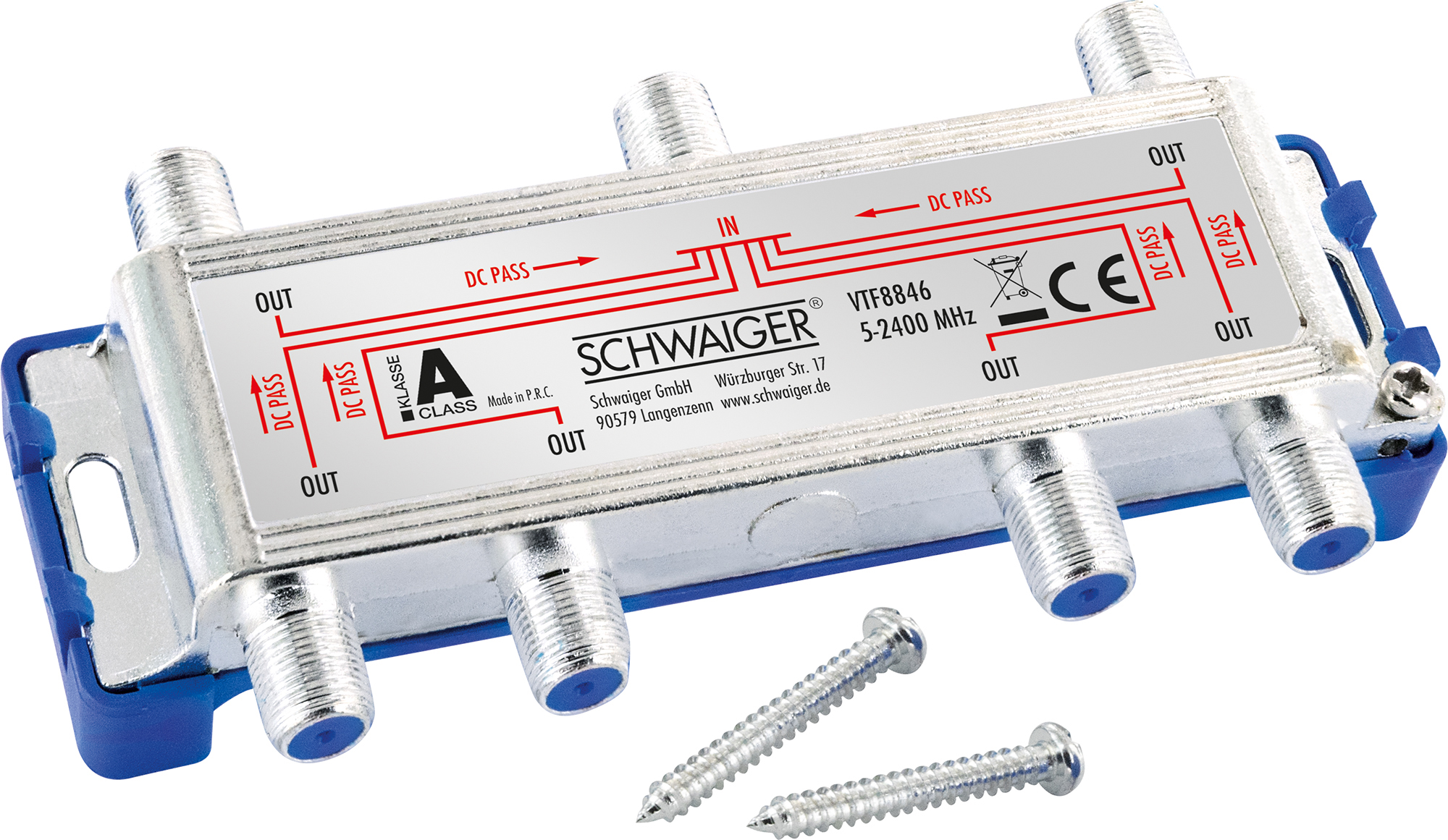 Ein metallischer TV-Signalverteiler. Es hat mehrere Ein- und Ausgänge, die mit Pfeilen beschriftet sind.