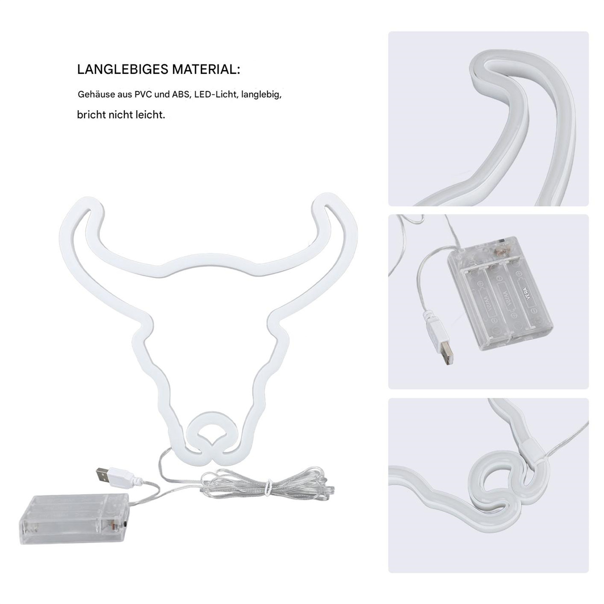 Weißes Neon-Bullenkopf-Schild. Enthält Batteriepack und USB-Kabel. Weißer Hintergrund.