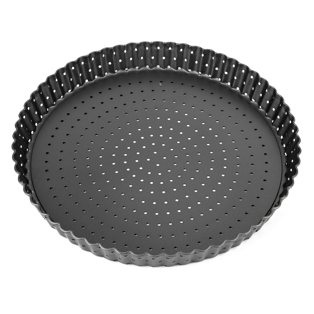 Eine dunkelgraue, runde Tarteform mit gewelltem Rand und vielen kleinen Löchern im Boden.