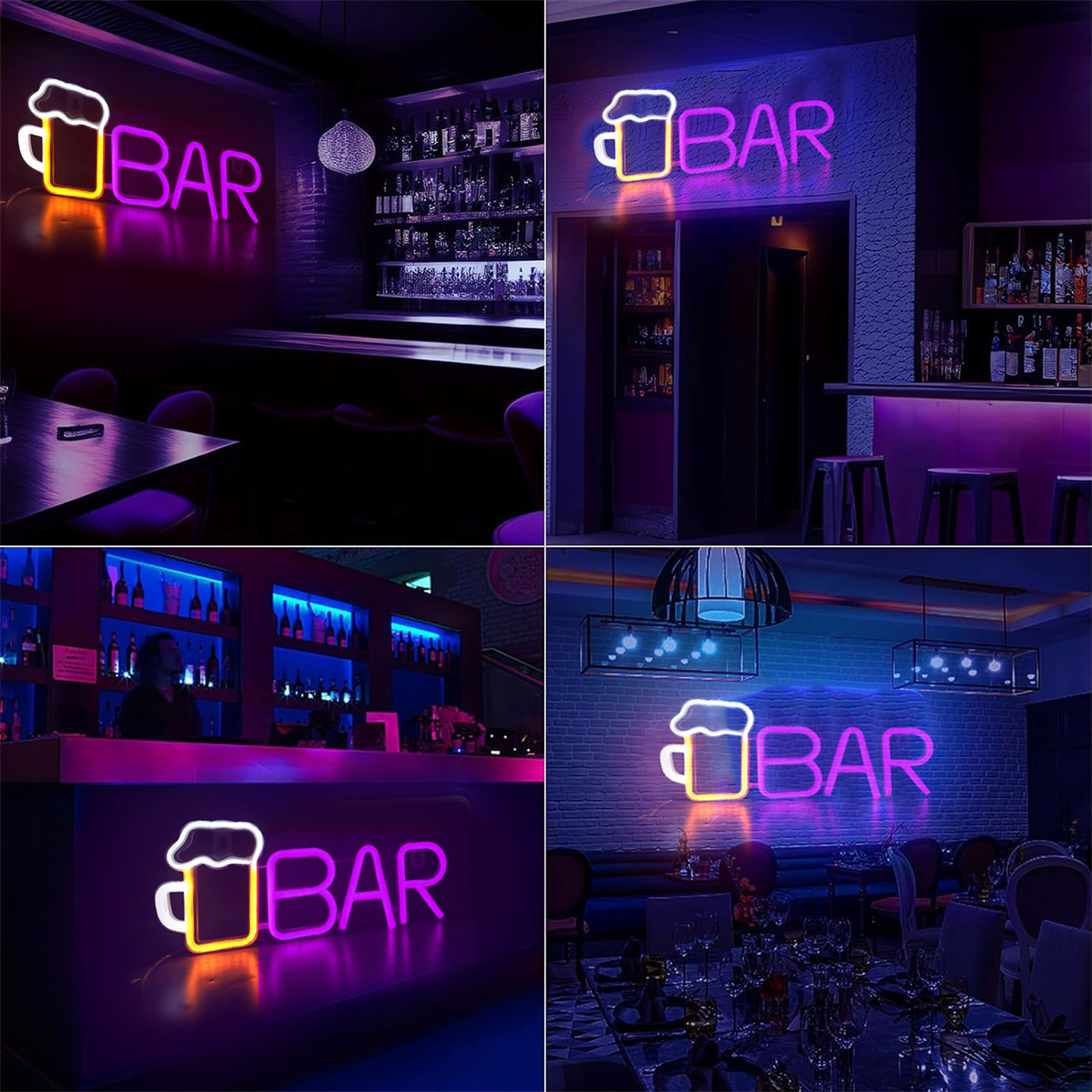 Vier Bilder einer Bar mit Leuchtreklamen mit „BAR“ in Bierkrugform, drinnen.