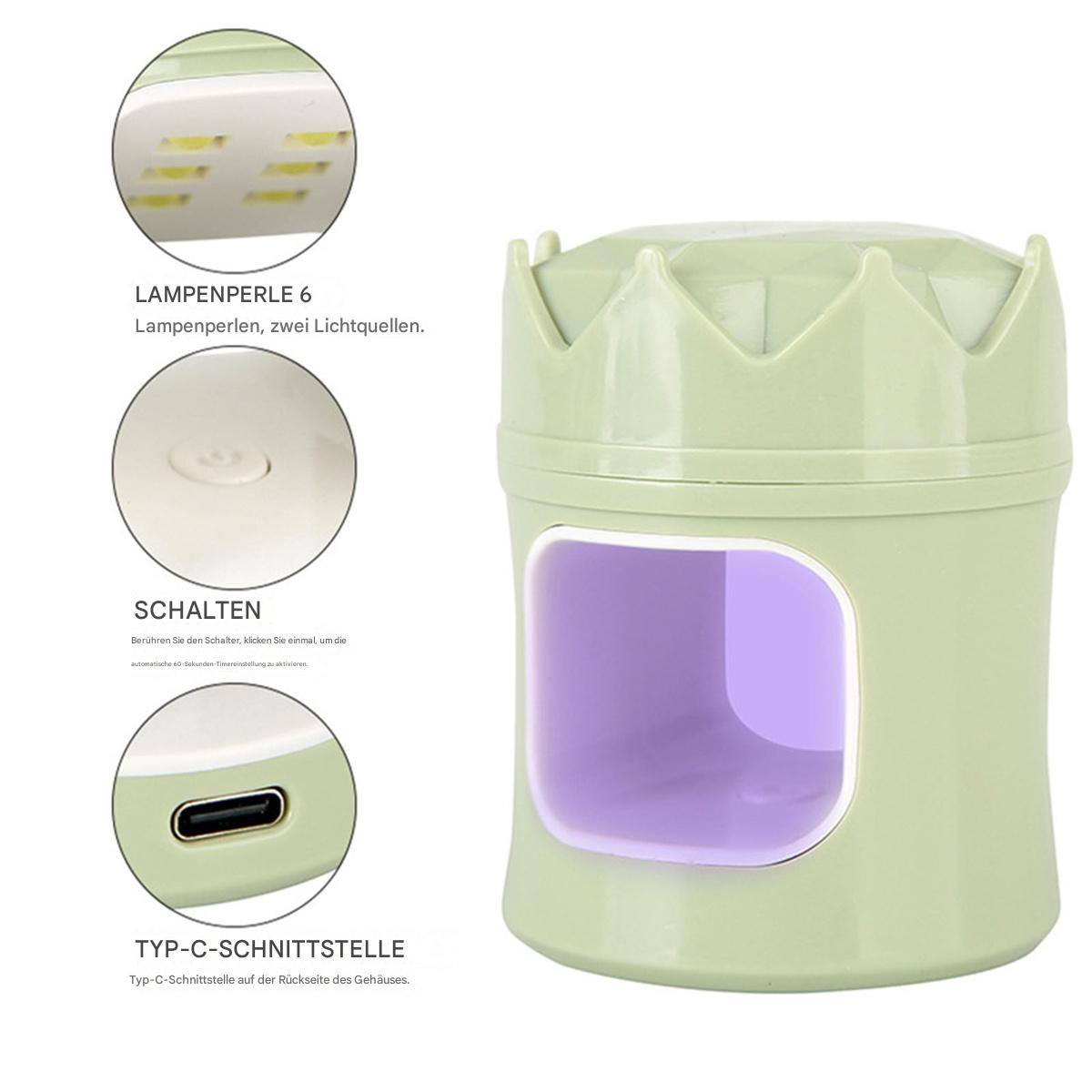 Grüne und weiße Nagellampe mit Details zu Licht, Schalter und USB-Anschluss. Es hat ein kronenähnliches Design.