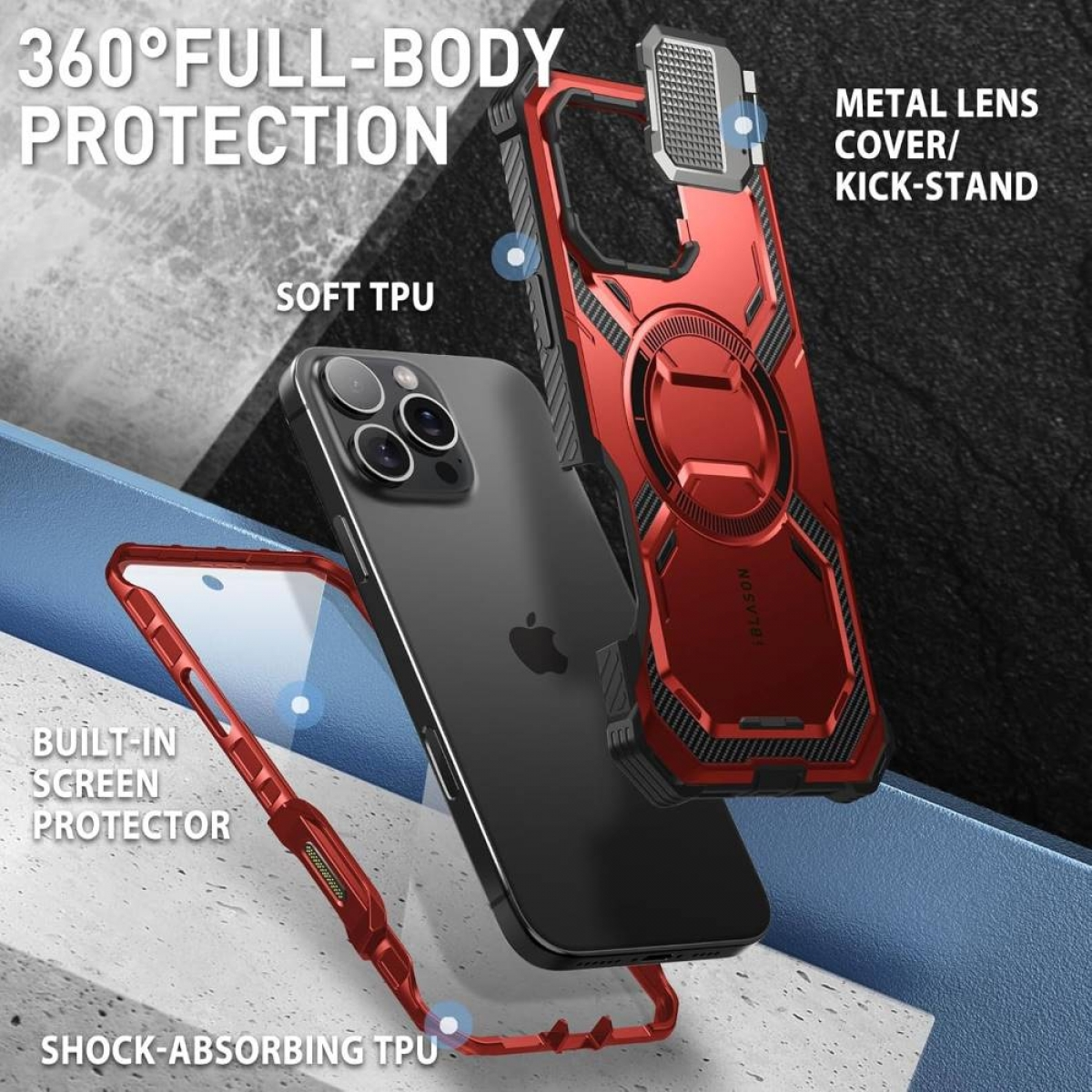 Rote Handyhülle mit schwarzem Handy. Es hat einen integrierten Displayschutz und einen Metallständer.