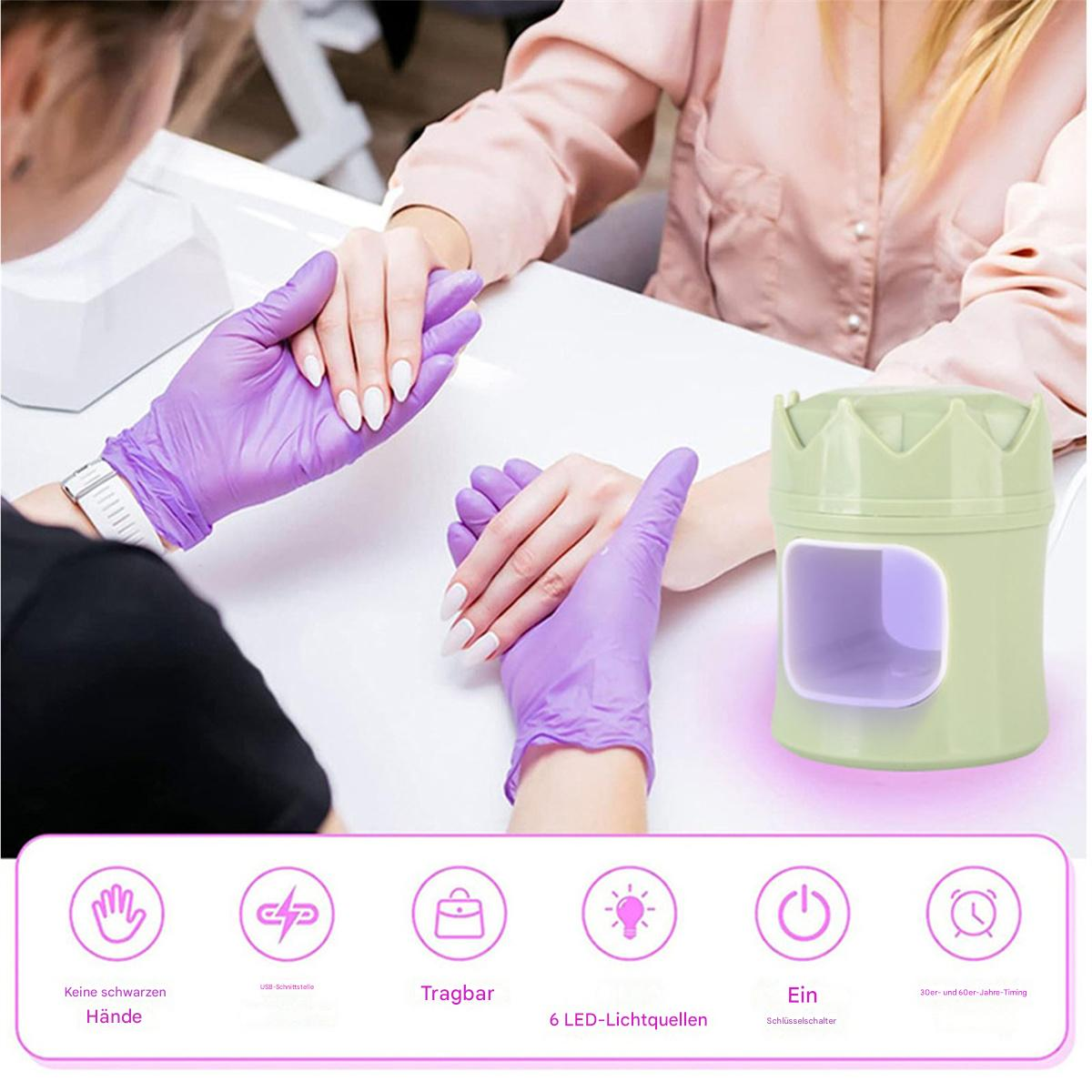 Hände in lila Handschuhen und eine Nagellampe. Symbole für Funktionen darunter.