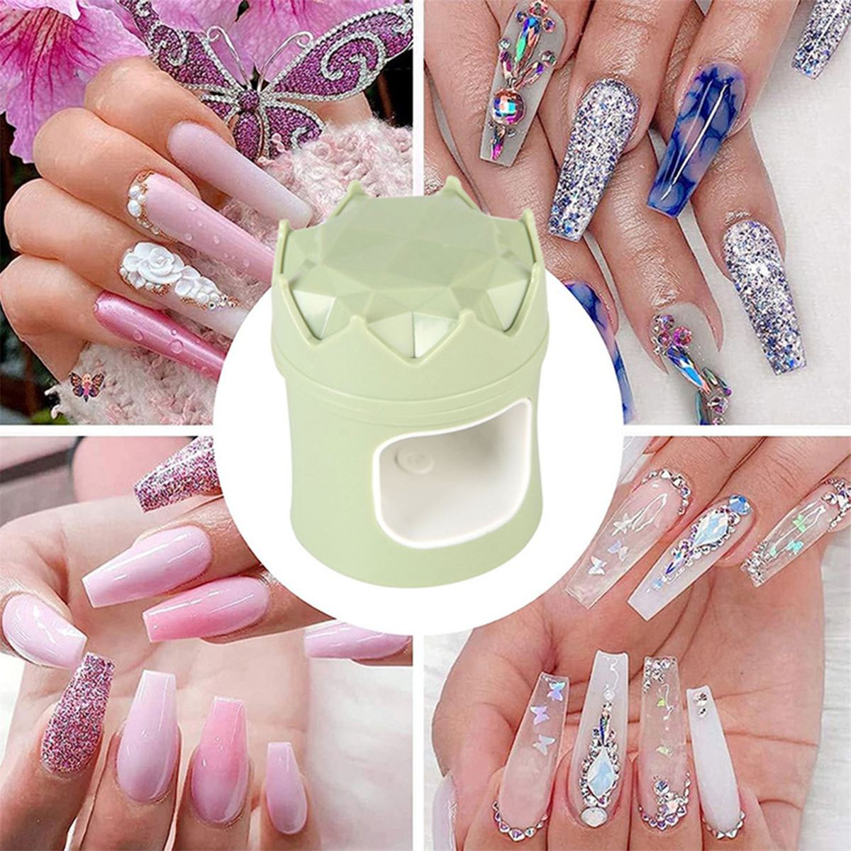Collage von Maniküren in verschiedenen Stilen. Eine Nagelhärtungslampe befindet sich in der Mitte.