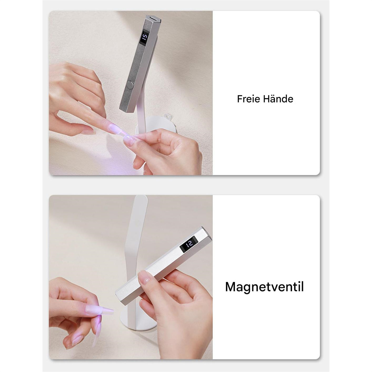 Zwei Bilder einer Nagellampe, Hände benutzen die Lampe.