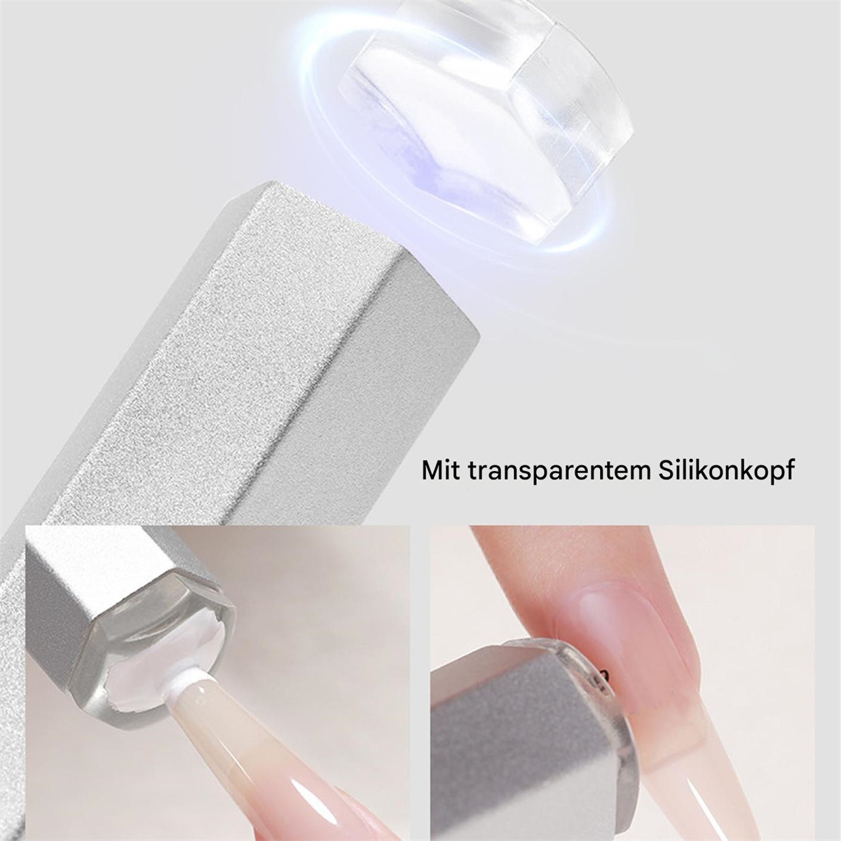 Ein Nagelkunstwerkzeug mit transparentem Silikonkopf, in Anwendung gezeigt. Der Hintergrund ist grau.