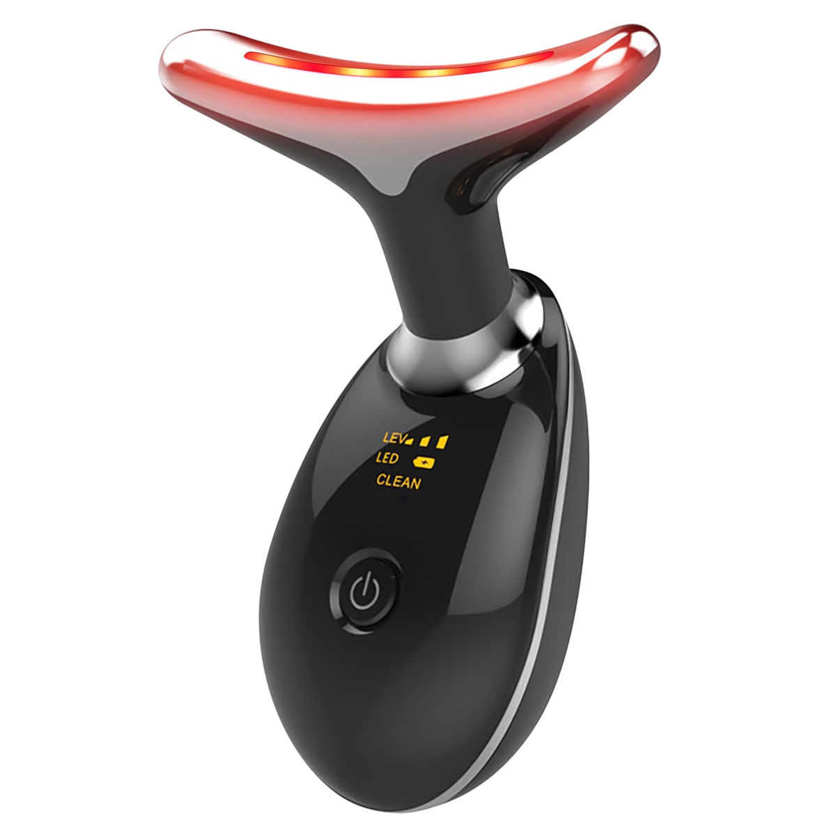 Schwarzes Schönheitsgerät mit rotem Licht. Hat einen Einschaltknopf und LED-Anzeigen.