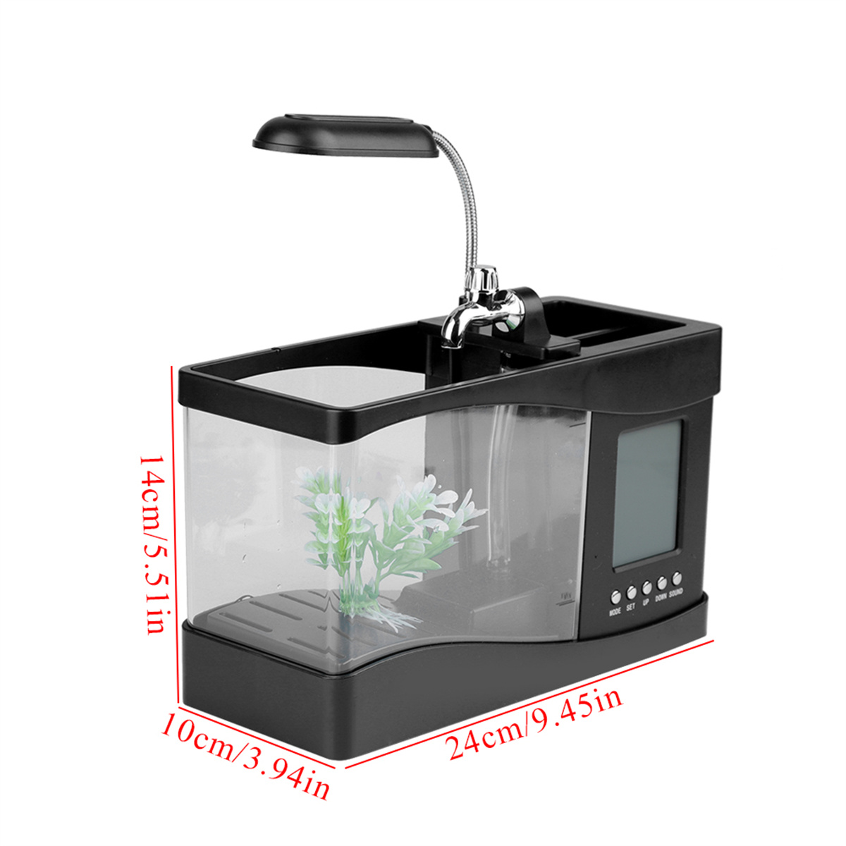 Miniatur-Aquarium mit Fisch, Pflanzen und Digitalanzeige, mit Abmessungen.