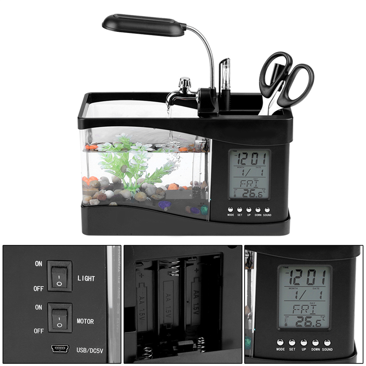 Schwarzes Aquarium mit Uhr, Licht und Zubehör.
