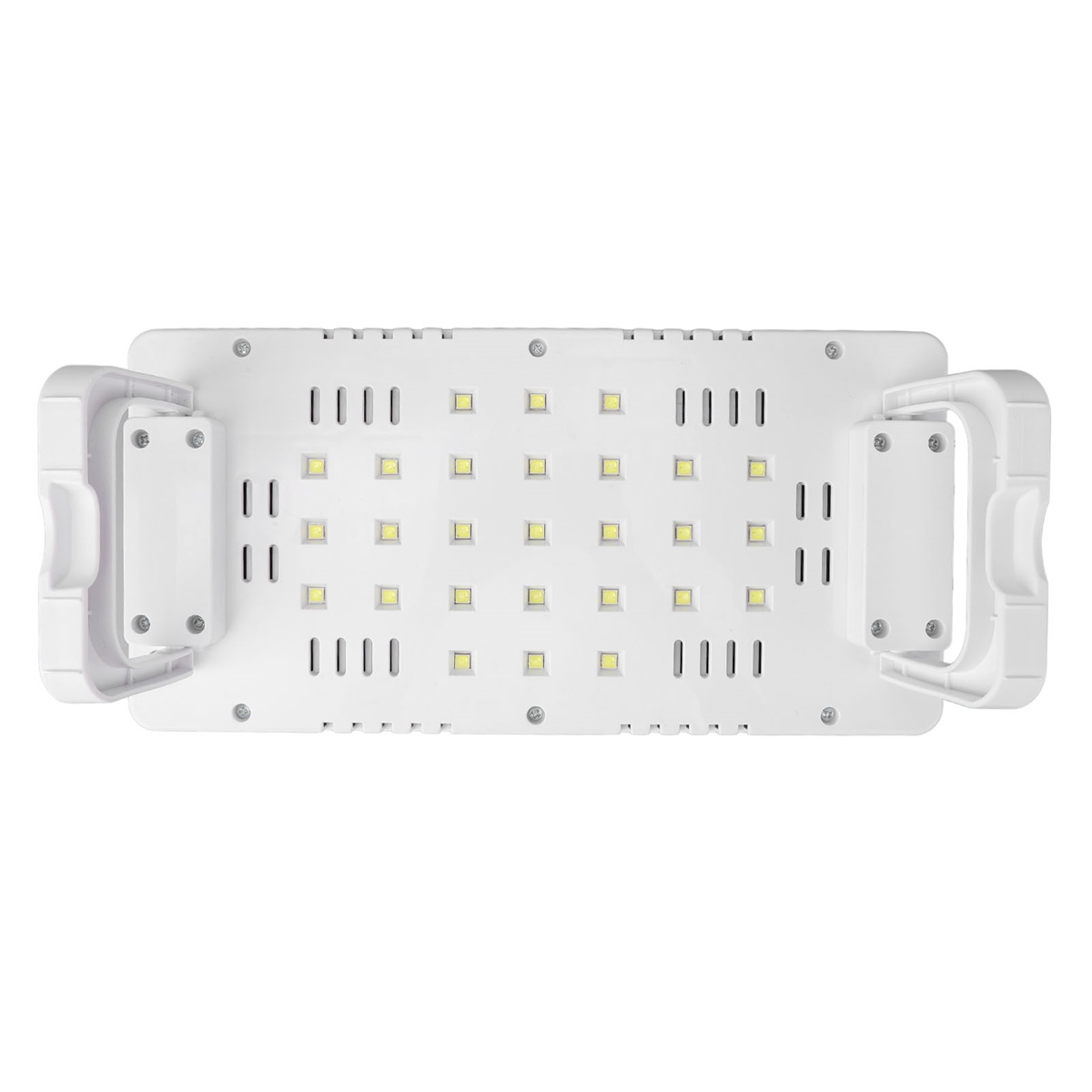 Weißes rechteckiges LED-Leuchtpanel mit quadratischen LEDs und zwei Seitengriffen.