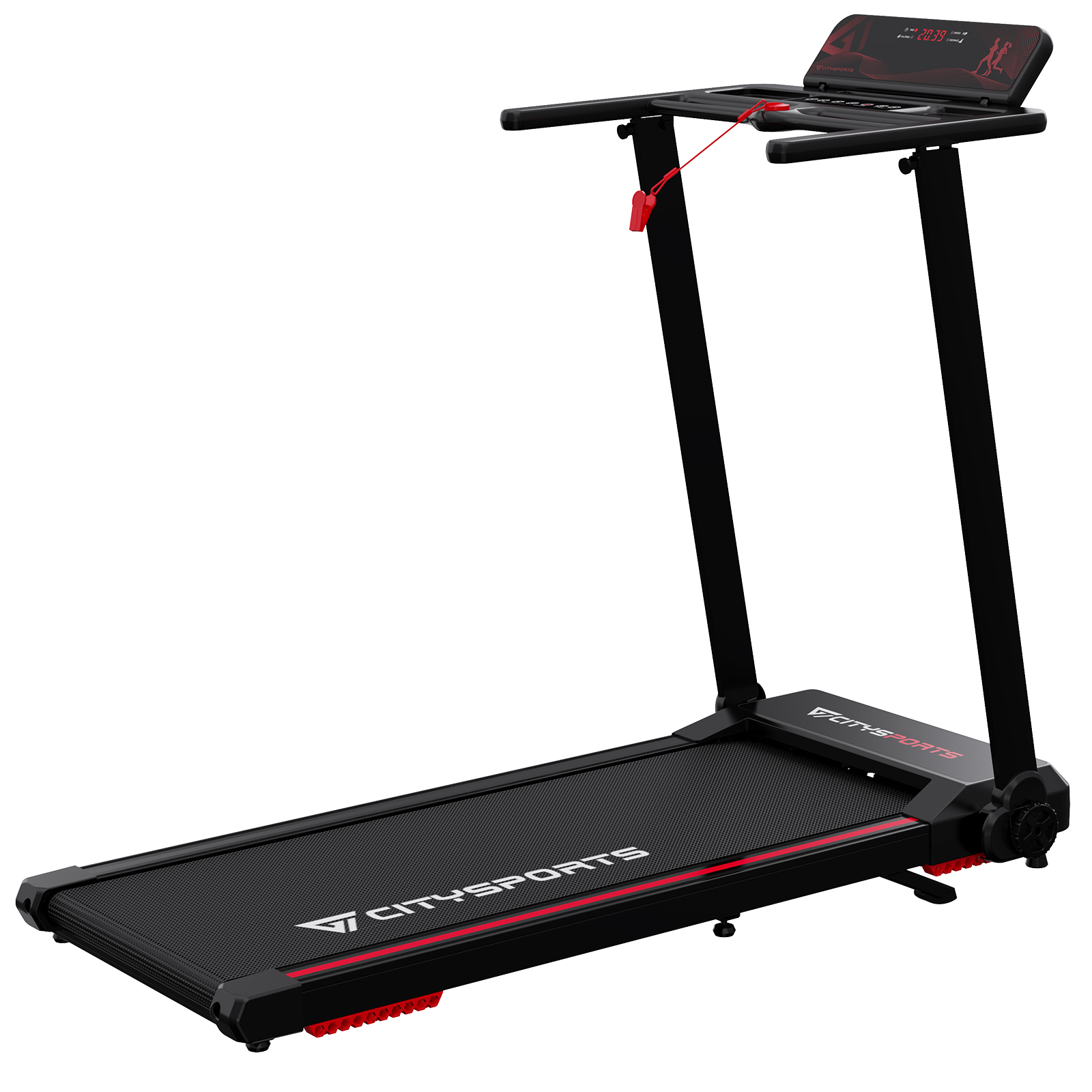 Czarna i czerwona bieżnia z cyfrowym wyświetlaczem na białym tle.