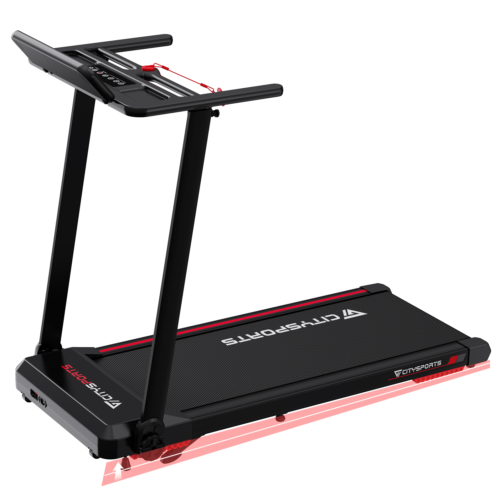 Czarna bieżnia na białym tle. Czerwone akcenty na pasie, widoczna marka.