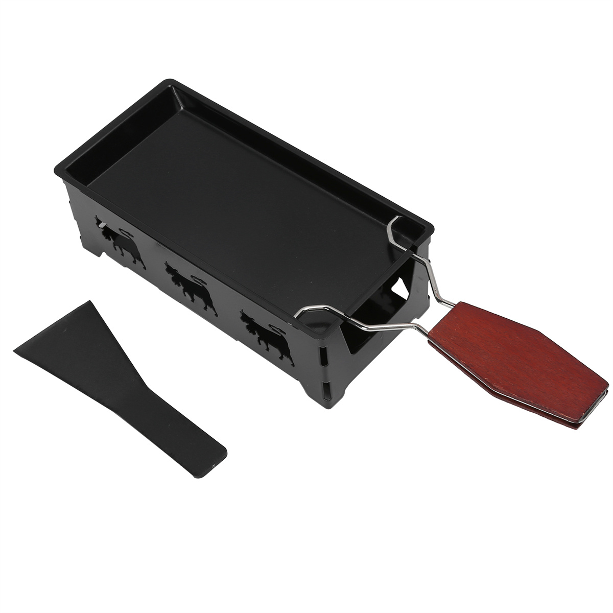 Ein schwarzer Raclette-Grill mit einem schwarzen Spatel auf einer weißen Oberfläche.