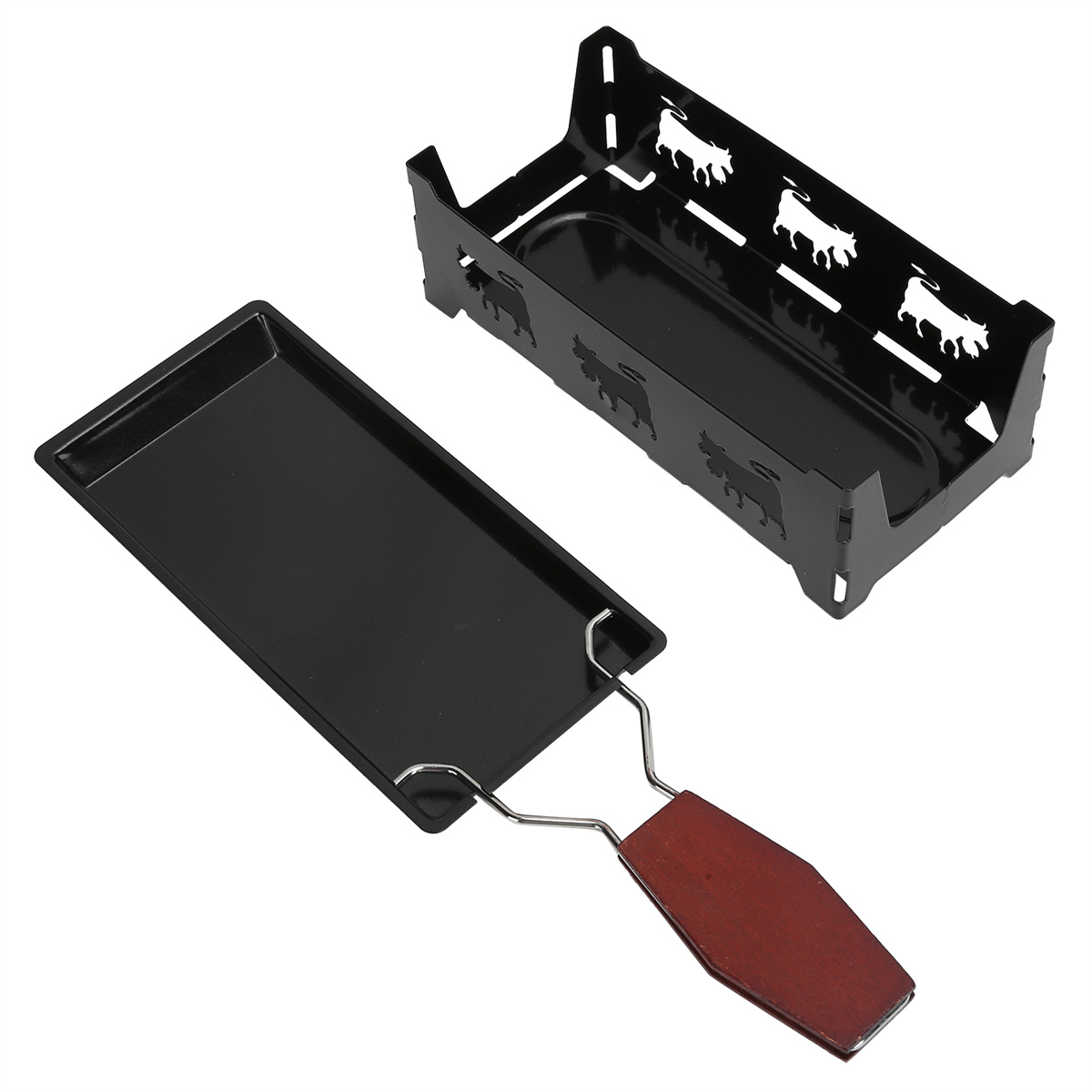 Schwarzer Raclette-Grill mit Holzgriff und separatem Rahmen mit Kuh-Silhouetten.