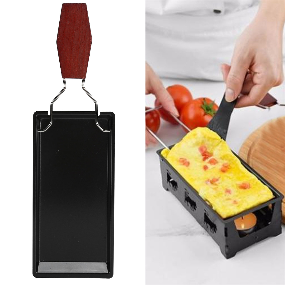 Ein kleines Gerät mit Metallschale und Holzgriff. Essen wird gekocht.