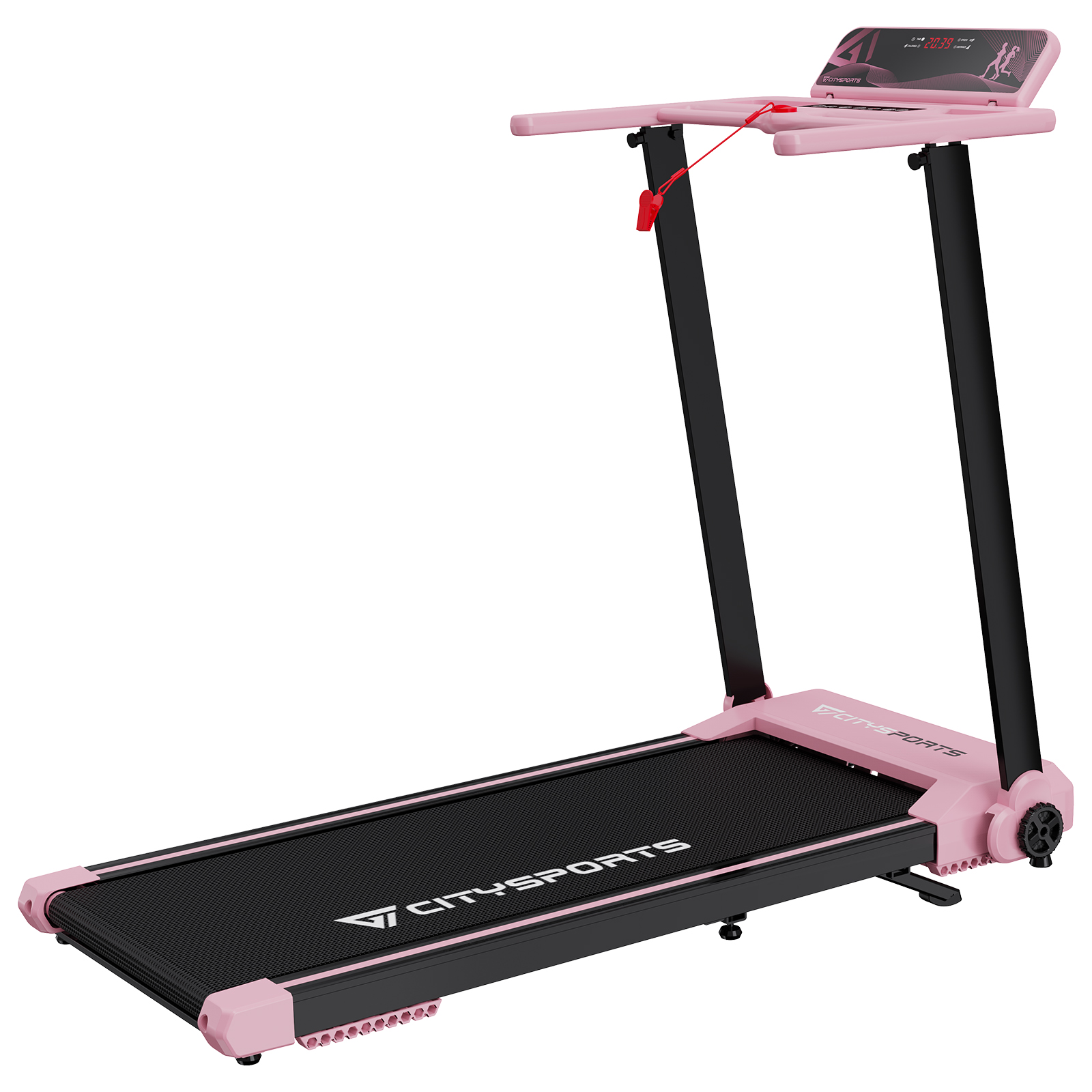 Pokazano różową bieżnię z czarnym pasem do biegania. Posiada panel wyświetlacza i markę Citysports.
