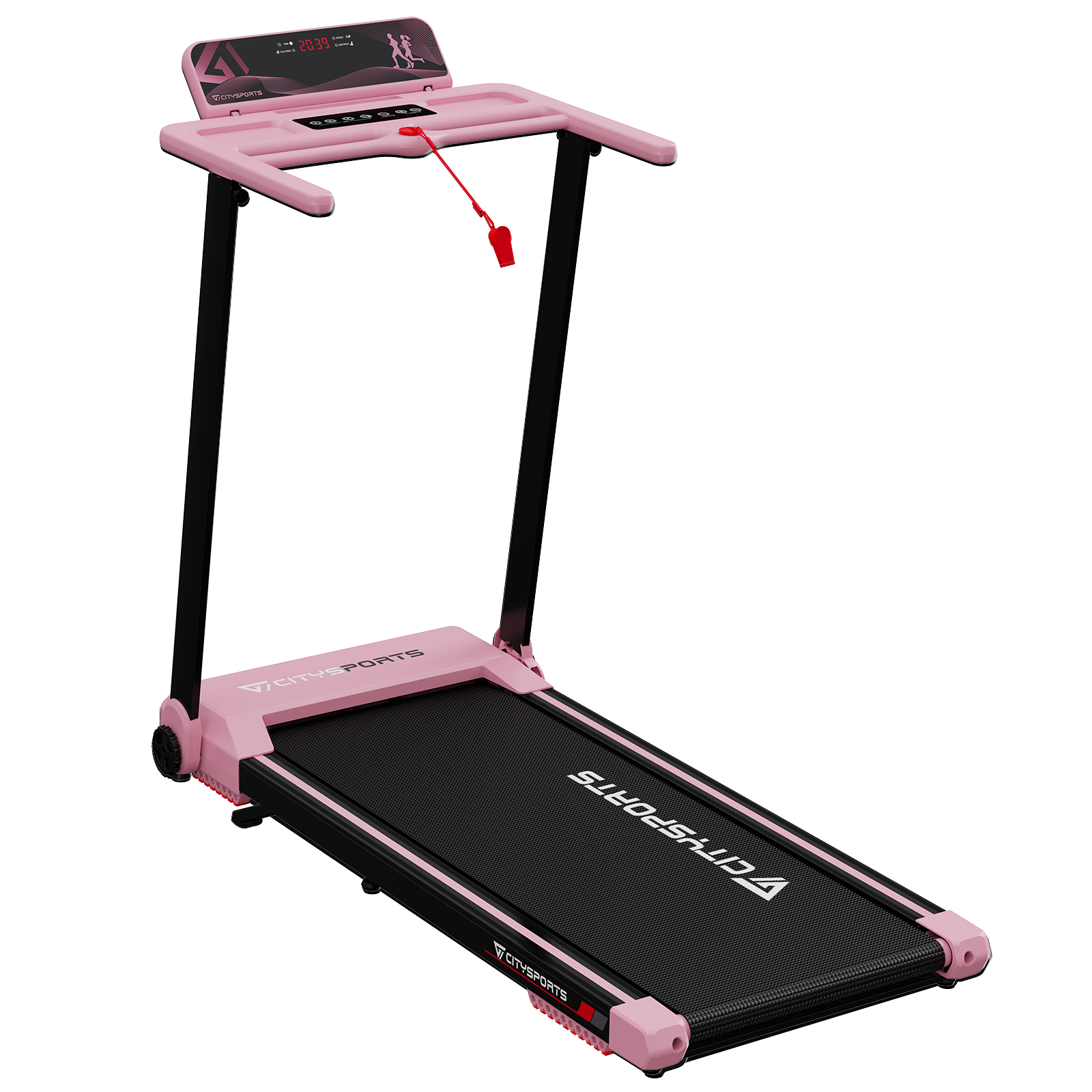 Roze loopband met zwart frame. Bovenkant heeft een display, rode veiligheidsclip. Tekst: CITYSPORTS.