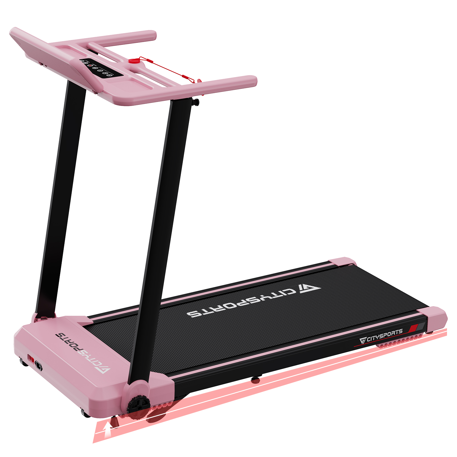 Różowa bieżnia z czarnymi podporami. Czerwone linie pokazują obszar biegania. Citysports.