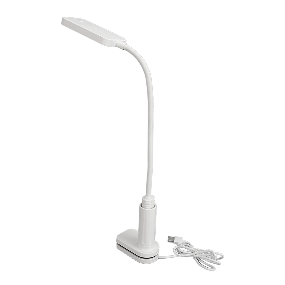 Weiße Schreibtischlampe. Flexibler Hals und Clip-Basis. USB-Kabel angeschlossen.