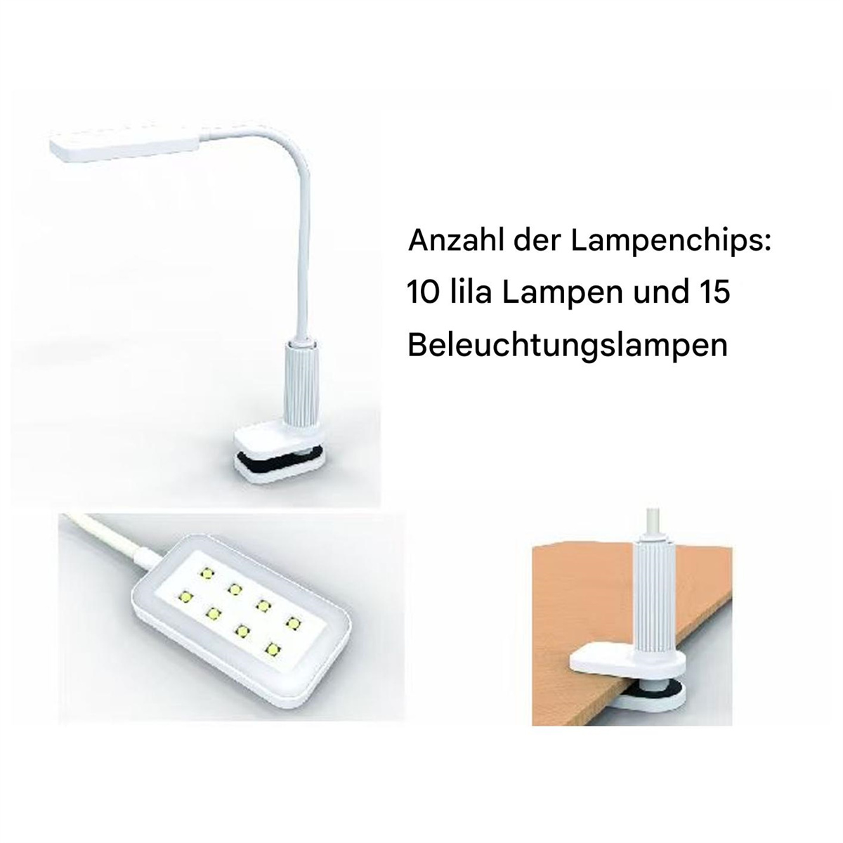 Eine weiße Schreibtischlampe mit Clip. Sie hat einen flexiblen Arm und ein LED-Panel.
