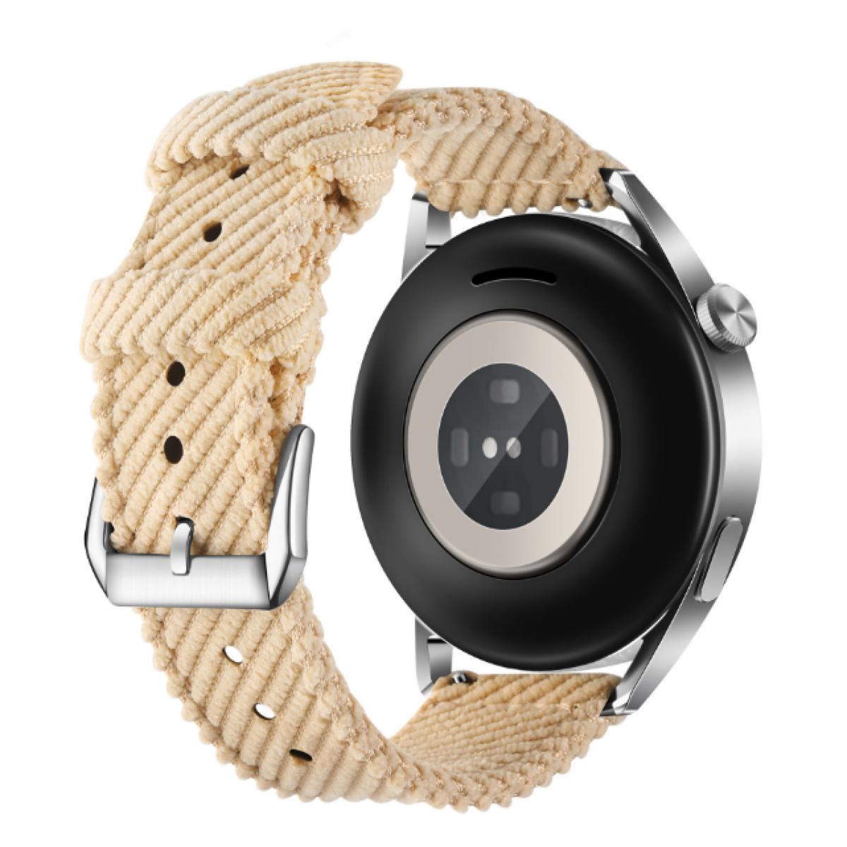 Cremefarbenes Cord-Uhrenarmband mit schwarzem Zifferblatt. Das Armband hat eine silberne Schnalle.