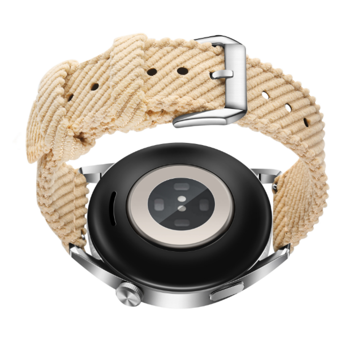 Beiges Cord-Uhrenarmband mit silberner Schnalle, an einer schwarzen Smartwatch.