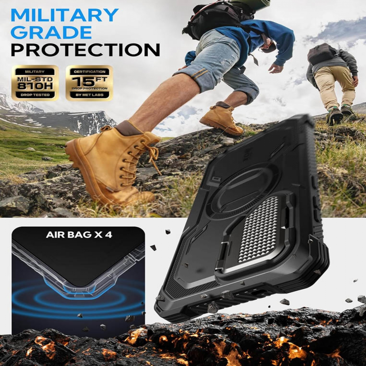 Eine Handyhülle mit dem Text 'MILITARY GRADE PROTECTION' und zwei Wanderern.