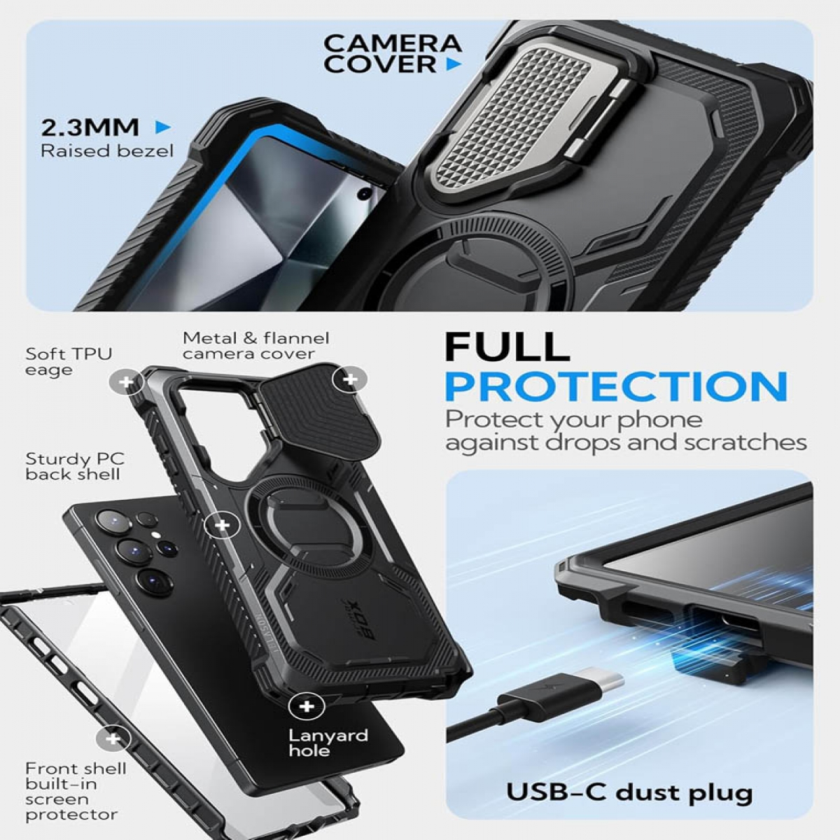Schutzhülle für Telefon mit Kameraabdeckung, Lanyard-Loch und USB-C-Staubschutz.