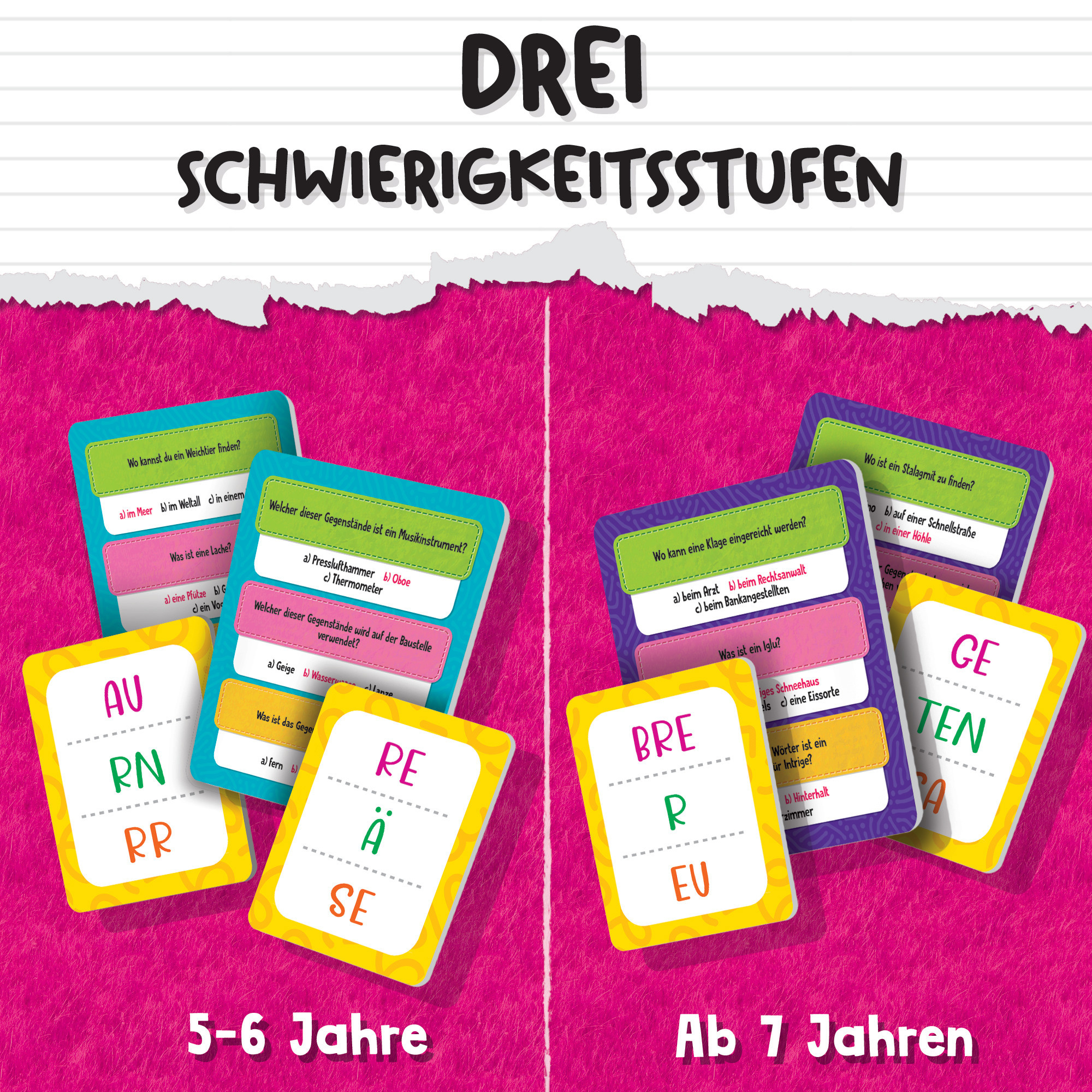 Spielkarten mit Multiple-Choice-Fragen für Kinder, mit verschiedenen Schwierigkeitsgraden.