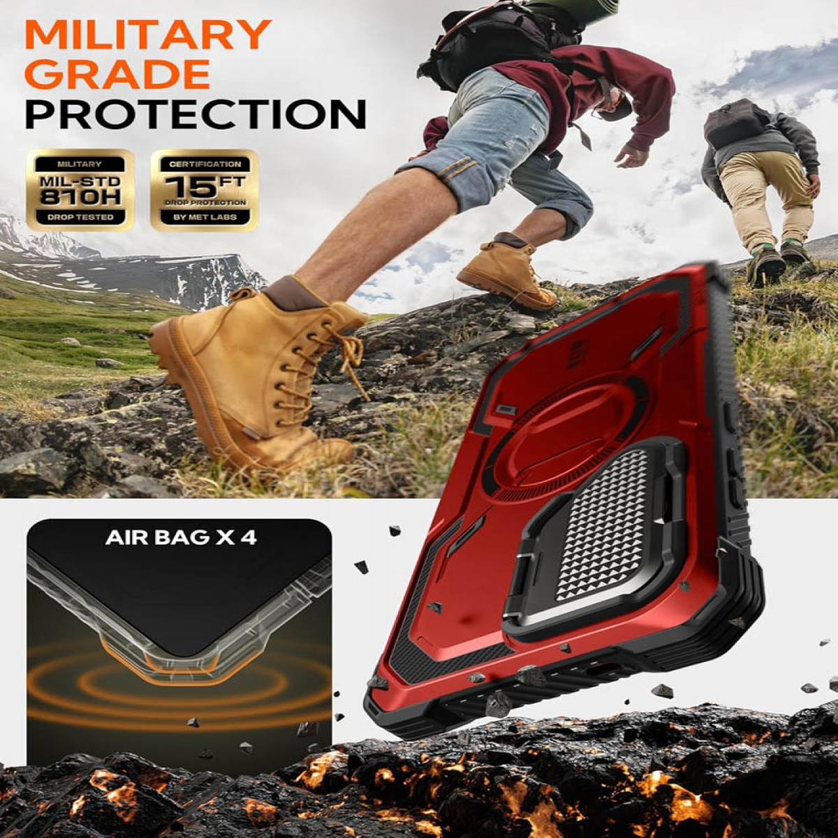 Eine Handyhülle auf Felsen, mit dem Text 'MILITARY GRADE PROTECTION' und zwei Personen gehen.