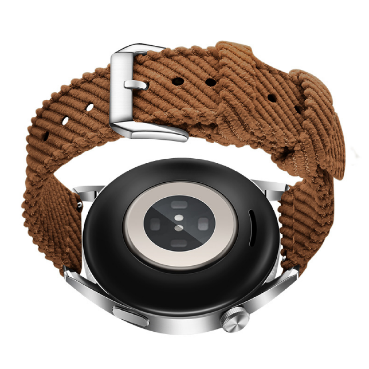 Braunes Cord-Uhrenarmband an einer schwarzen Smartwatch mit silberner Lünette.