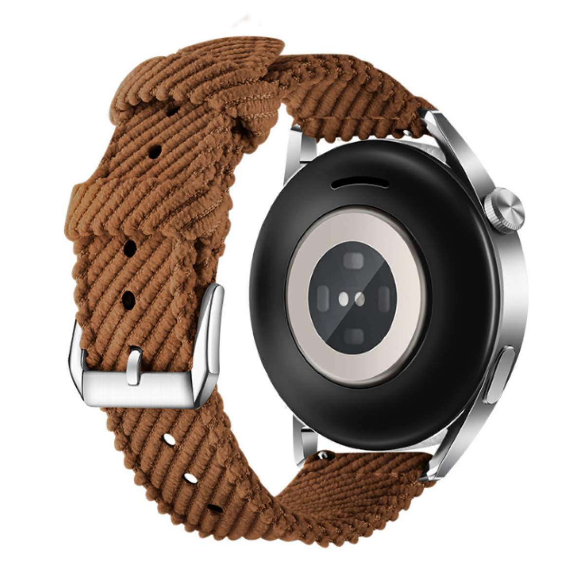 Braunes Cord-Armband an einer schwarzen Smartwatch, silberner Verschluss.