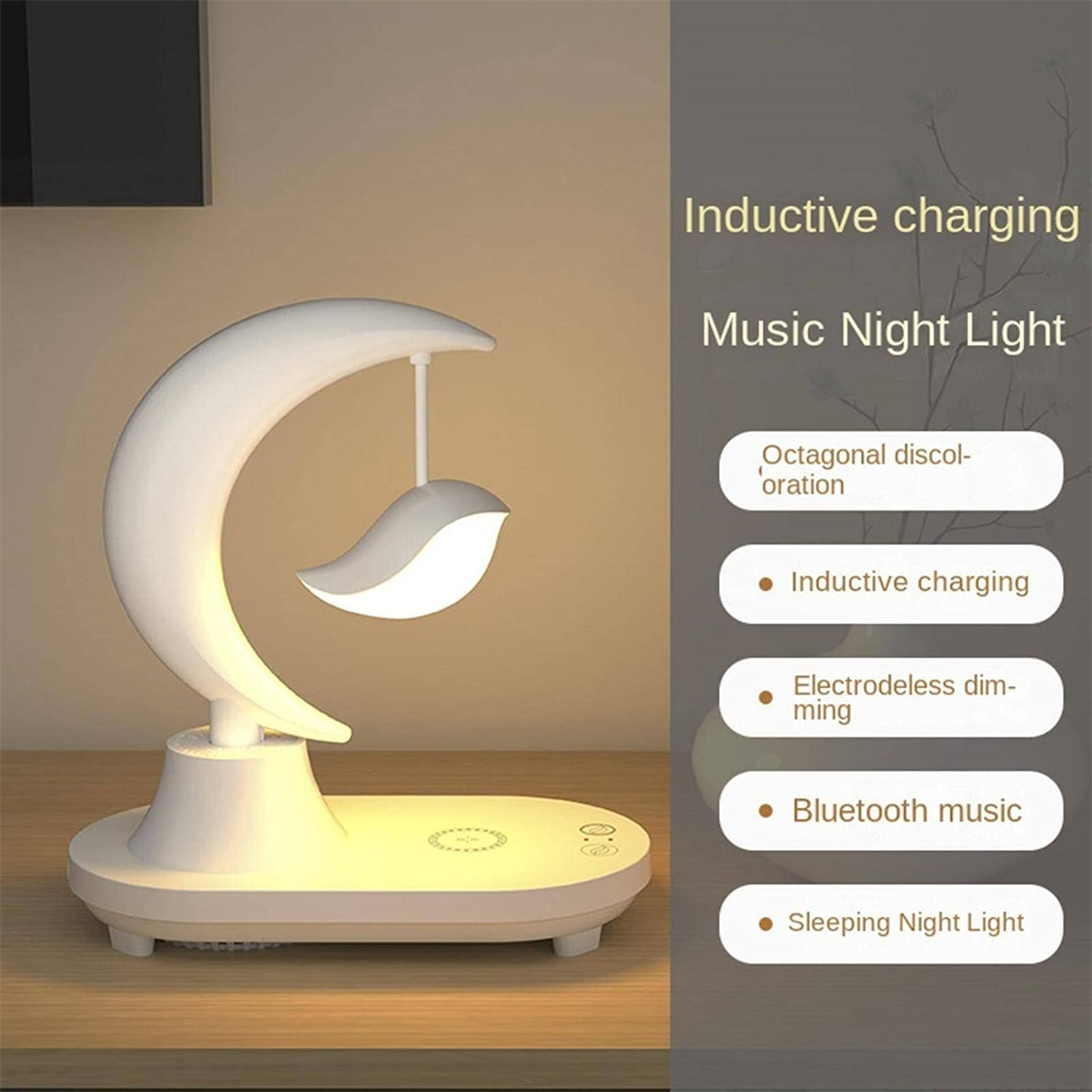 Wei ßes Nachtlicht mit Monddesign. Es hat Text: 'Induktives Laden', 'Bluetooth-Musik' und mehr.