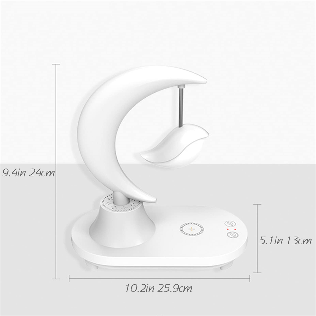 Eine weiße mondförmige Lampe mit vogelförmigem Licht, mit Größenangaben.