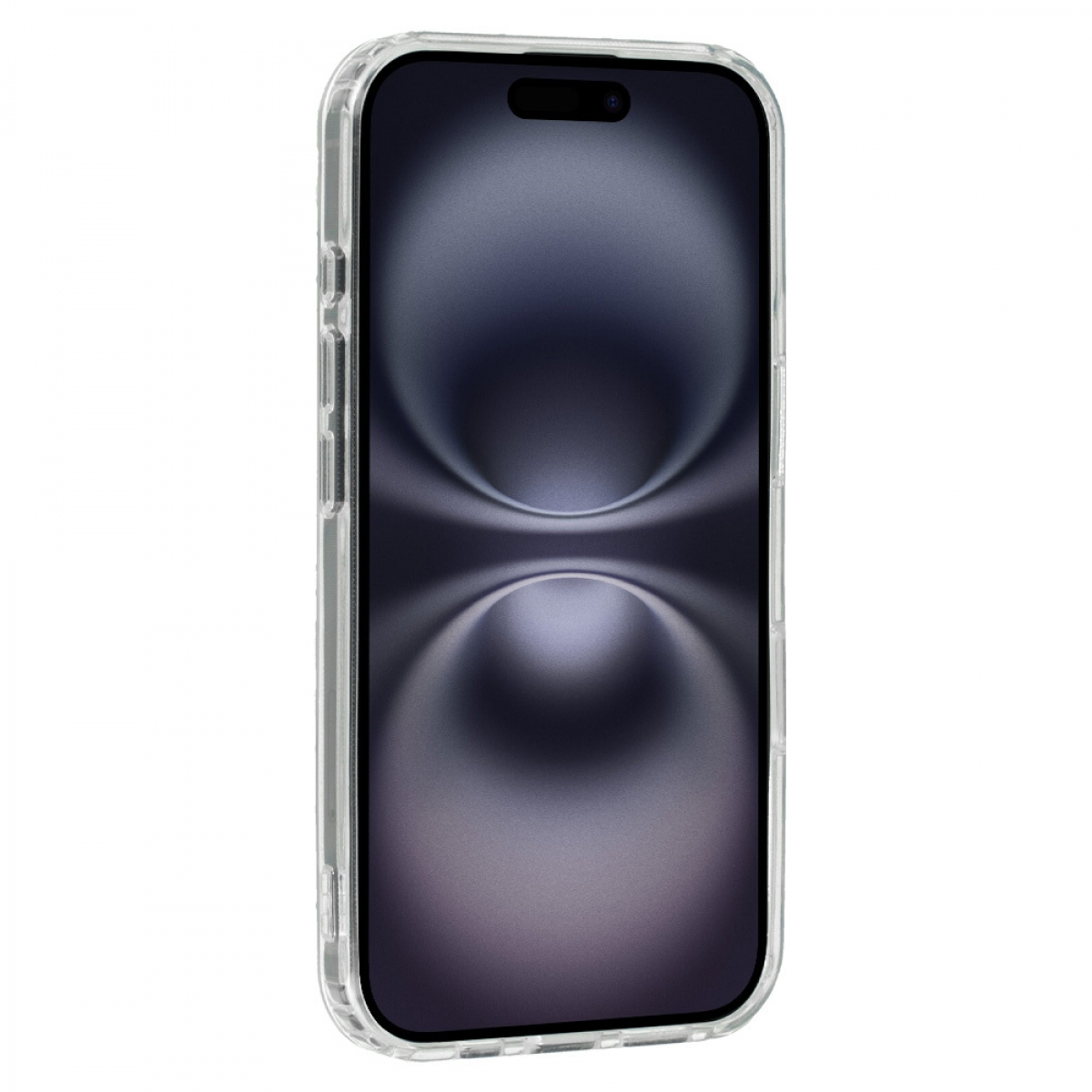 Eine durchsichtige Handyhülle auf einem Handy zeigt ein dunkles, abstraktes Bild auf weißem Hintergrund.