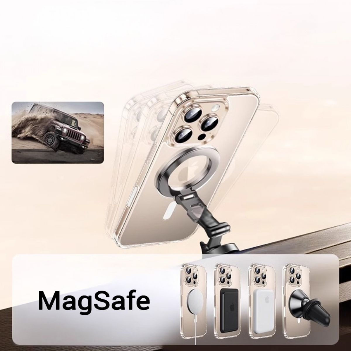 Transparente Handyhülle auf Ständer, Autohalterung, mit MagSafe-Ring. Zubehör.