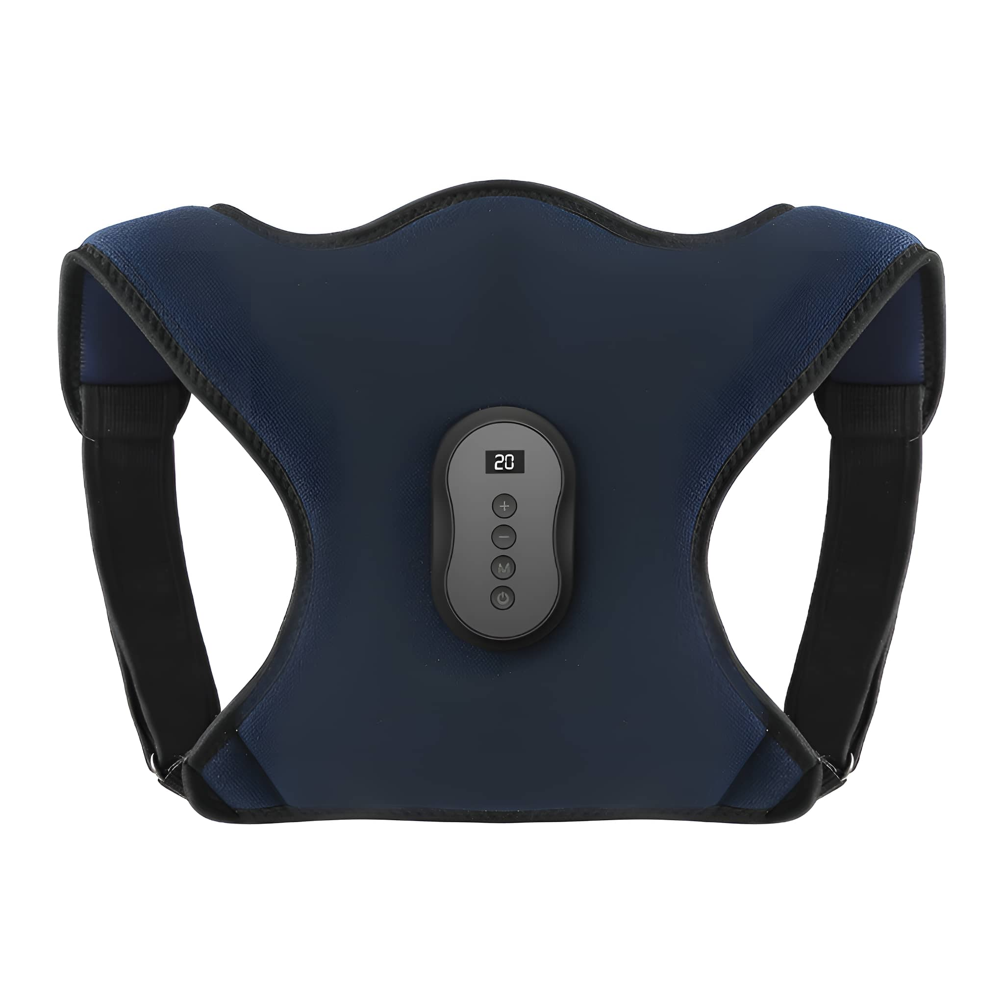 Blau-schwarzer Rückenhaltungskorrektor mit Display und Knöpfen.