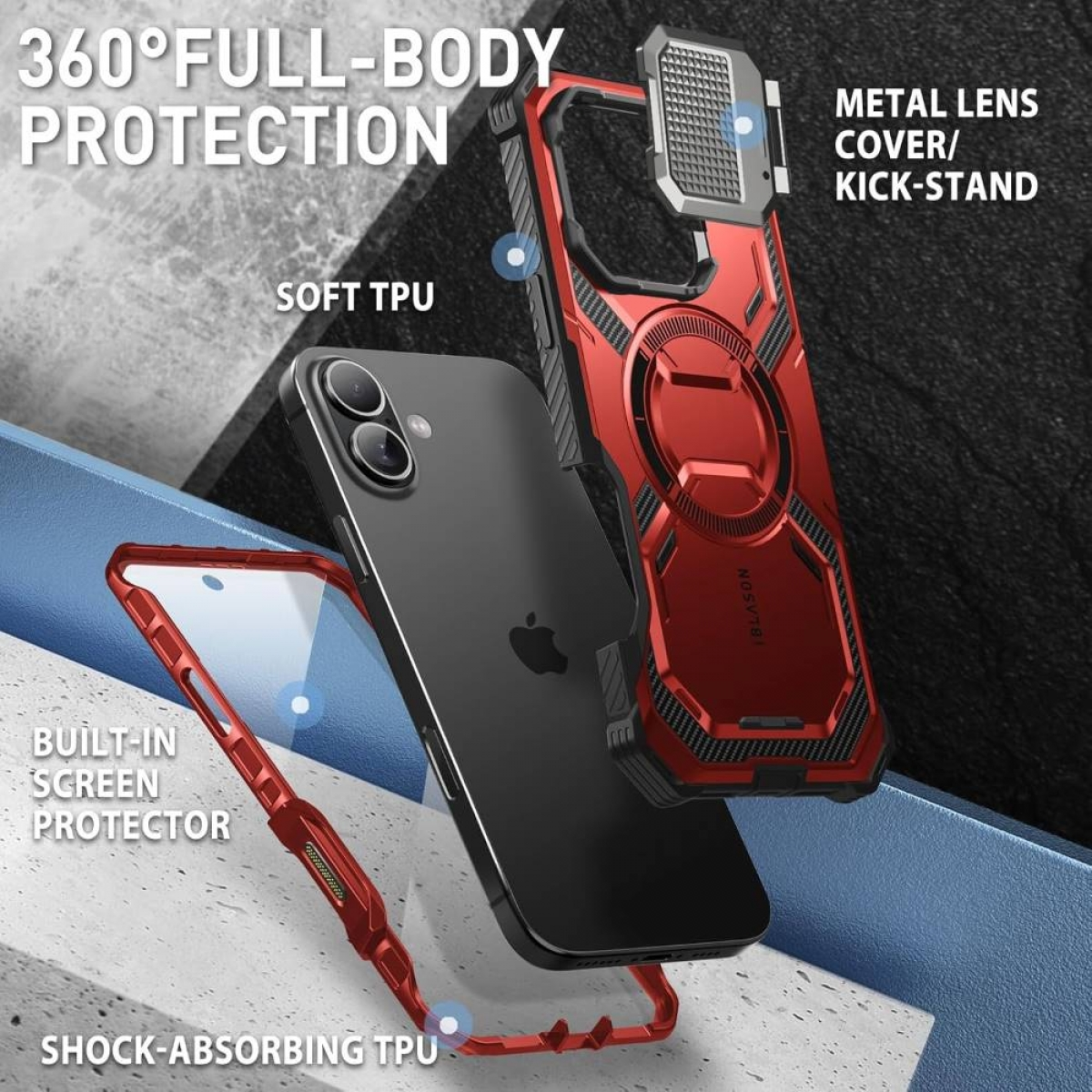 Eine rot-schwarze Handyhülle mit einem Telefon im Inneren. Text sagt '360° FULL-BODY PROTECTION' und weitere Details.
