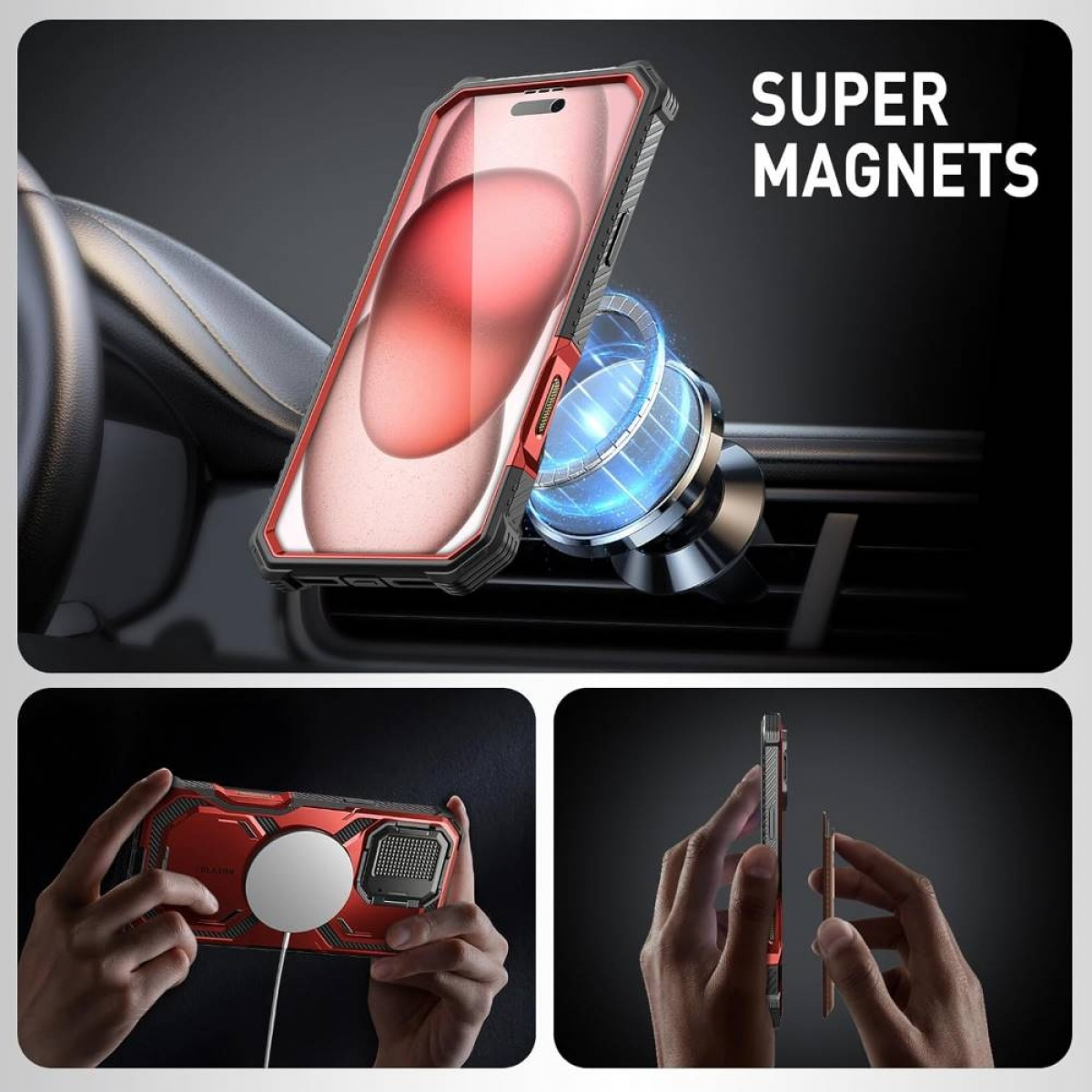 Telefon in roter Hülle, mit Magneten an der Lüftung befestigt. Demonstriert die Supermagnet-Funktion.
