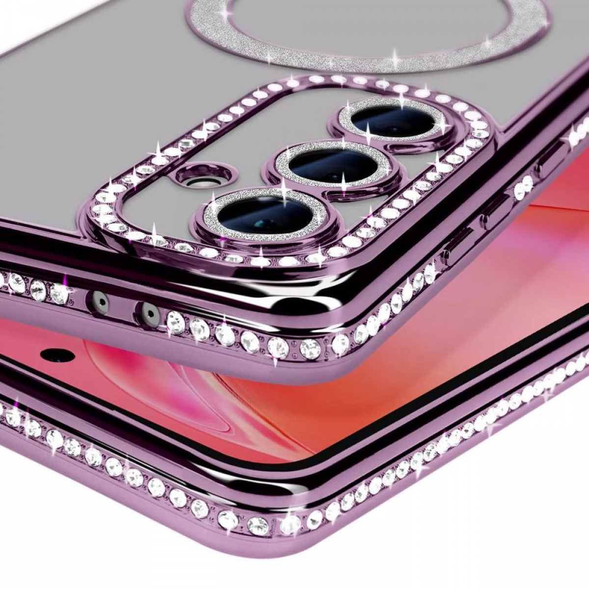 Eine Smartphone-Hülle mit einem dekorativen Rahmen aus Strasssteinen und mehreren Kameralinsen.
