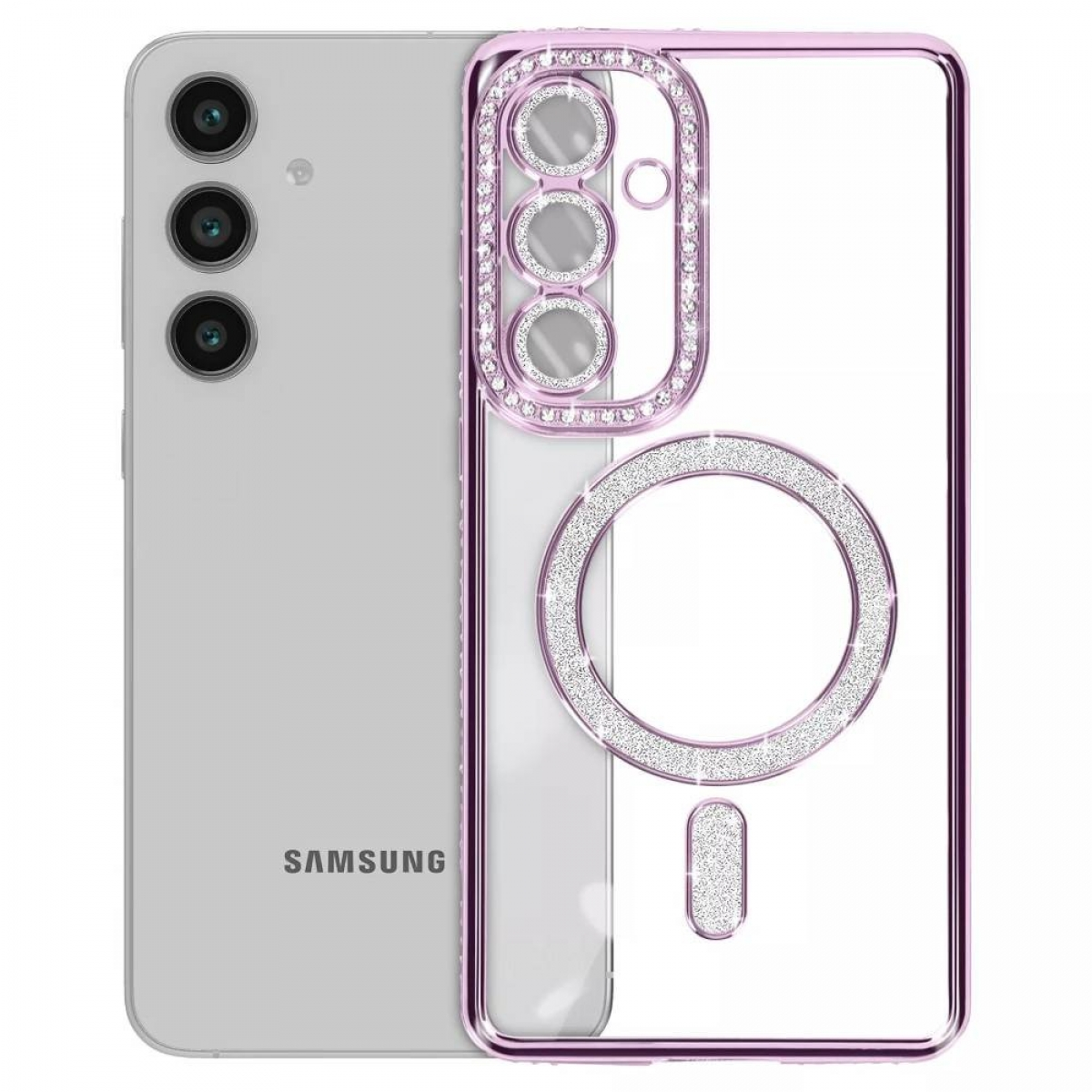 Ein silbernes Samsung-Telefon mit einer rosa Hülle, verziert mit glitzernden Edelsteinen.