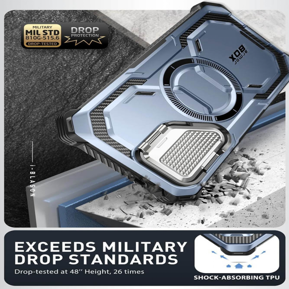 Blau-graue Handyhülle mit Text: Übertrifft militärische Fallstandards.